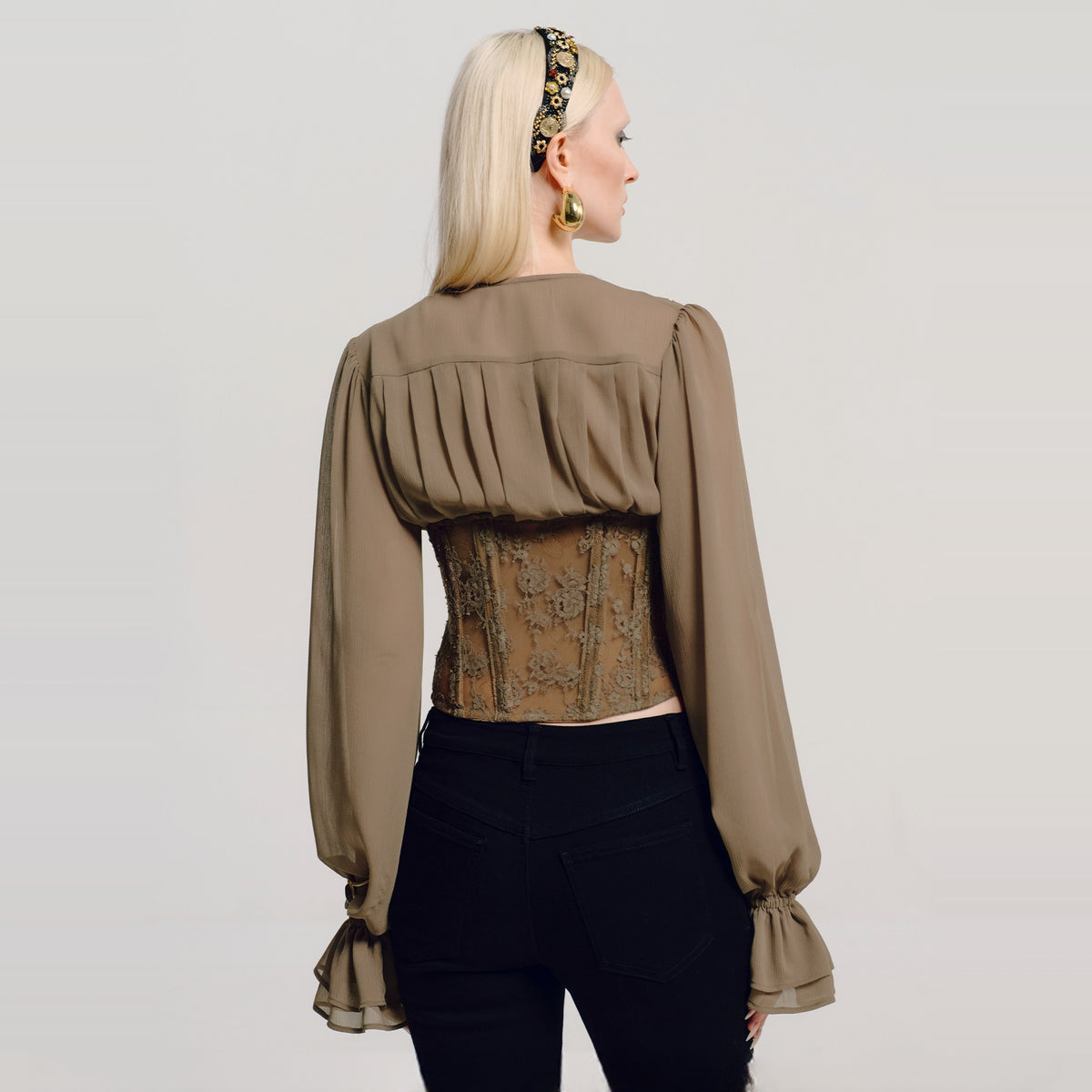 AWOKENTIME Lace-Spliced Puff-Sleeve V-Neck Shirt — square · back