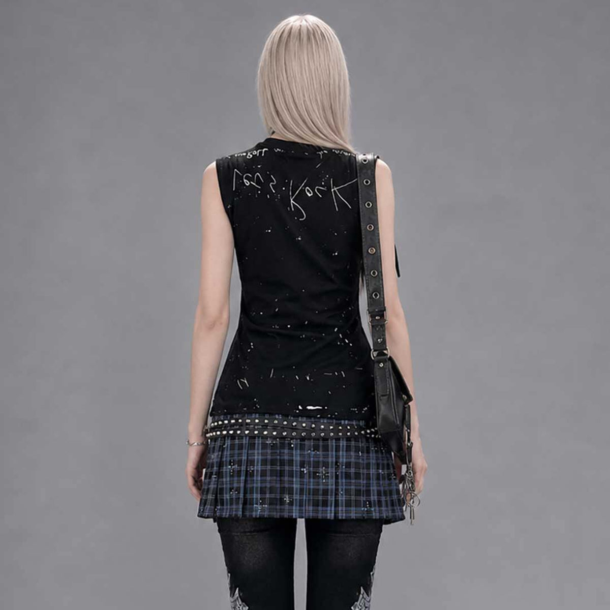 EMOHA Plaid Spliced Graphic Sleeveless Dress — square · back