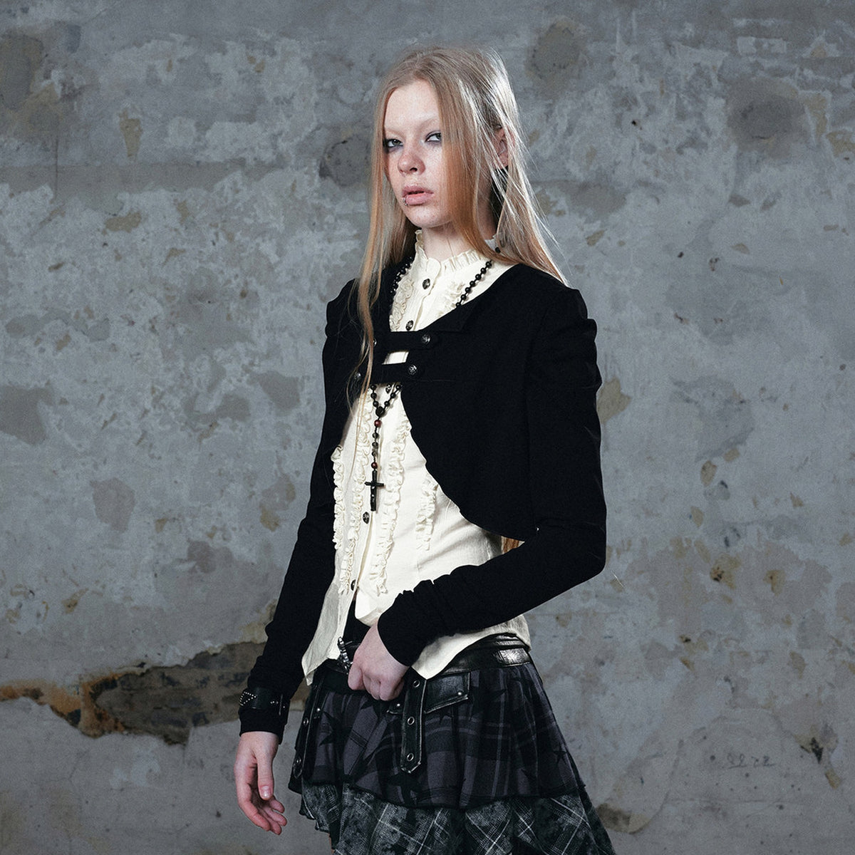 CESTNOUS Retro Ruffled-Hem Faux-Layered Long-Sleeve Shirt — square · side