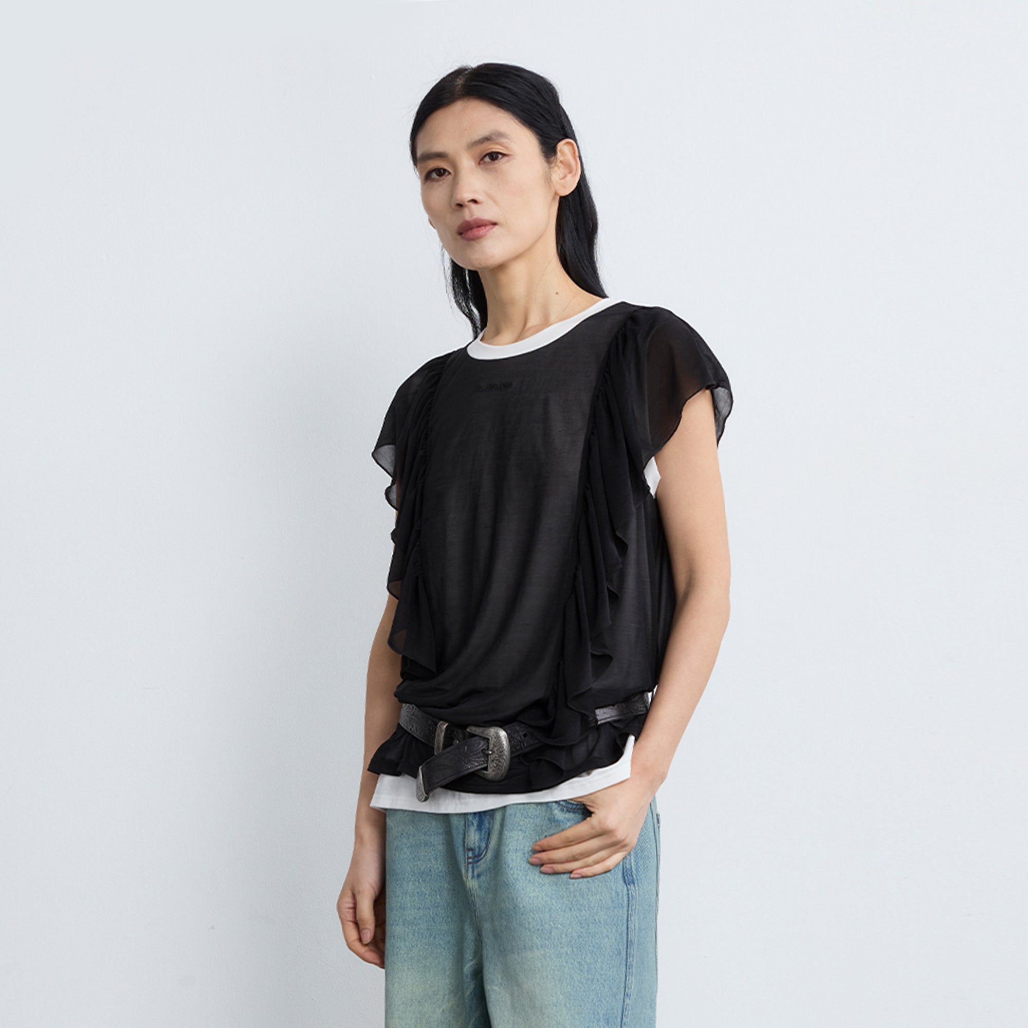 NOESE Sheer Ruffle Layered T-Shirt