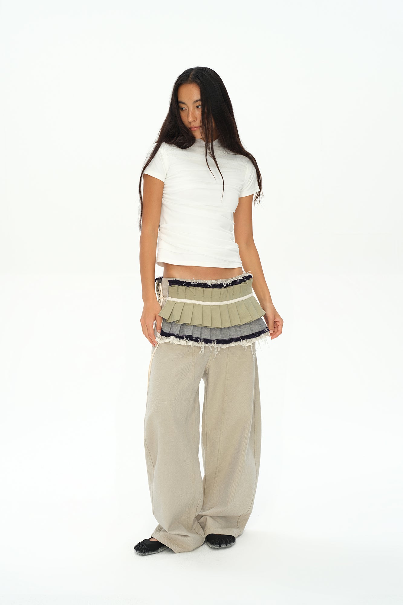 OINIMI Layered Pleated Raw Edge Waist Belt