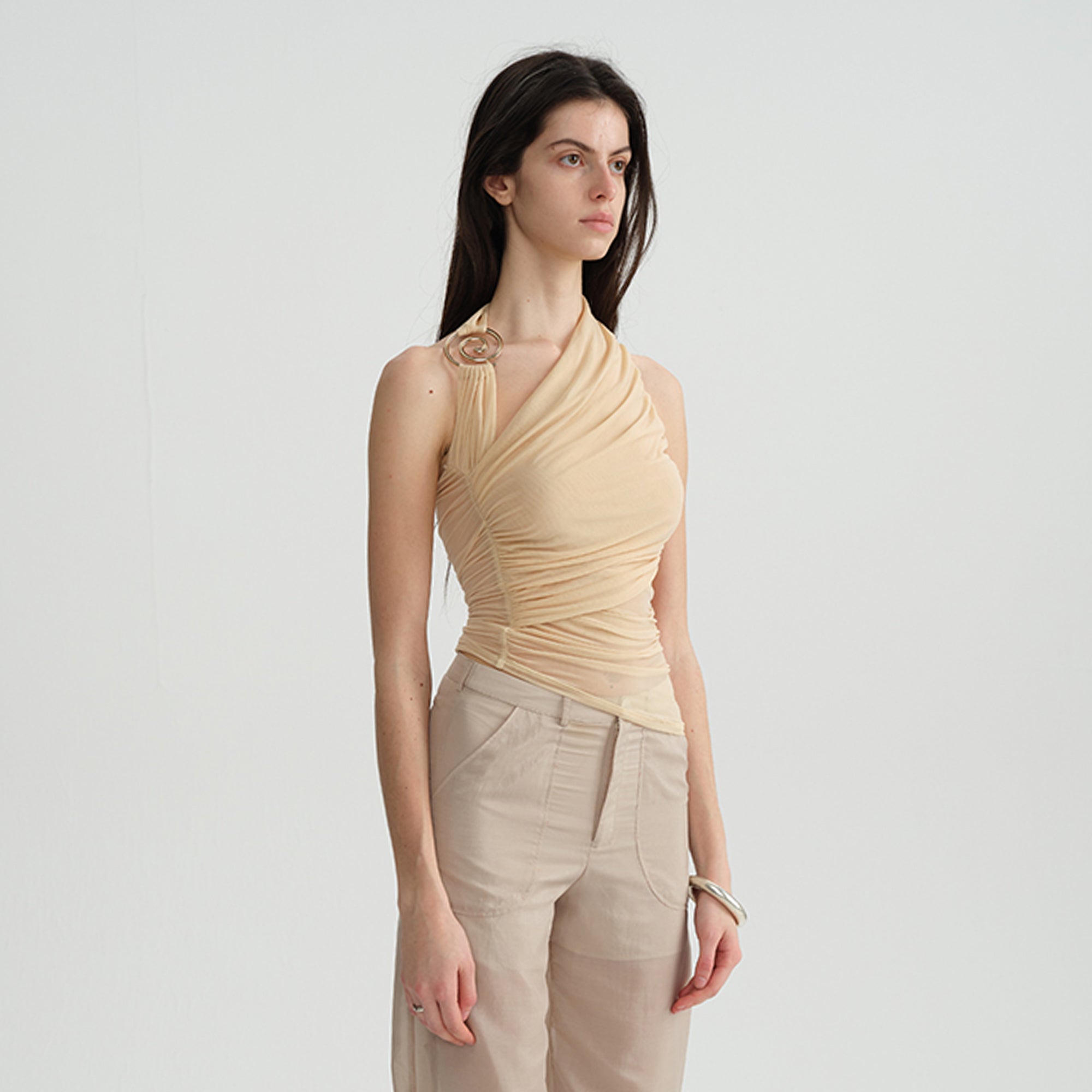 DOTYEARS Spiral Hardware Ruched One-Shoulder Top