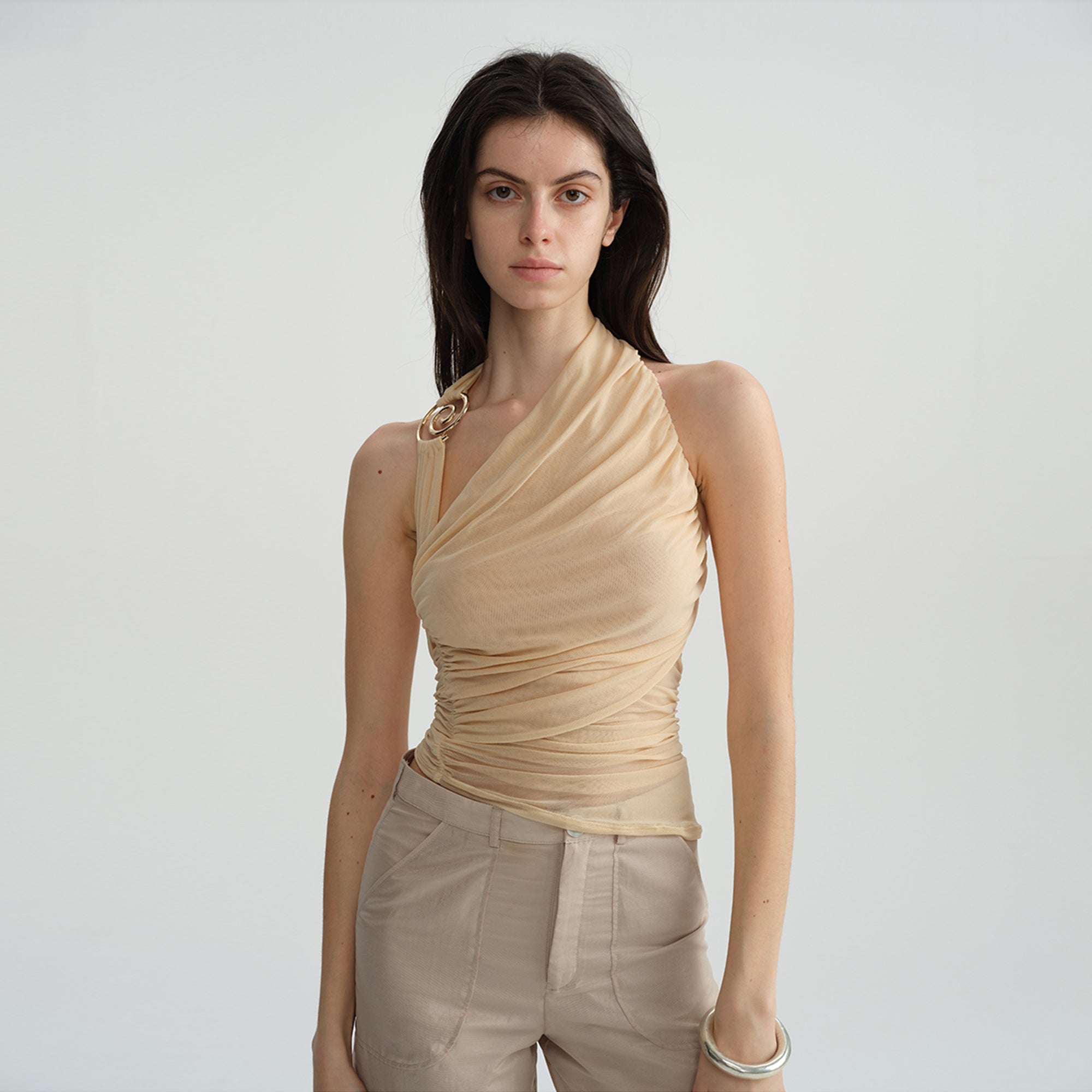 DOTYEARS Spiral Hardware Ruched One-Shoulder Top