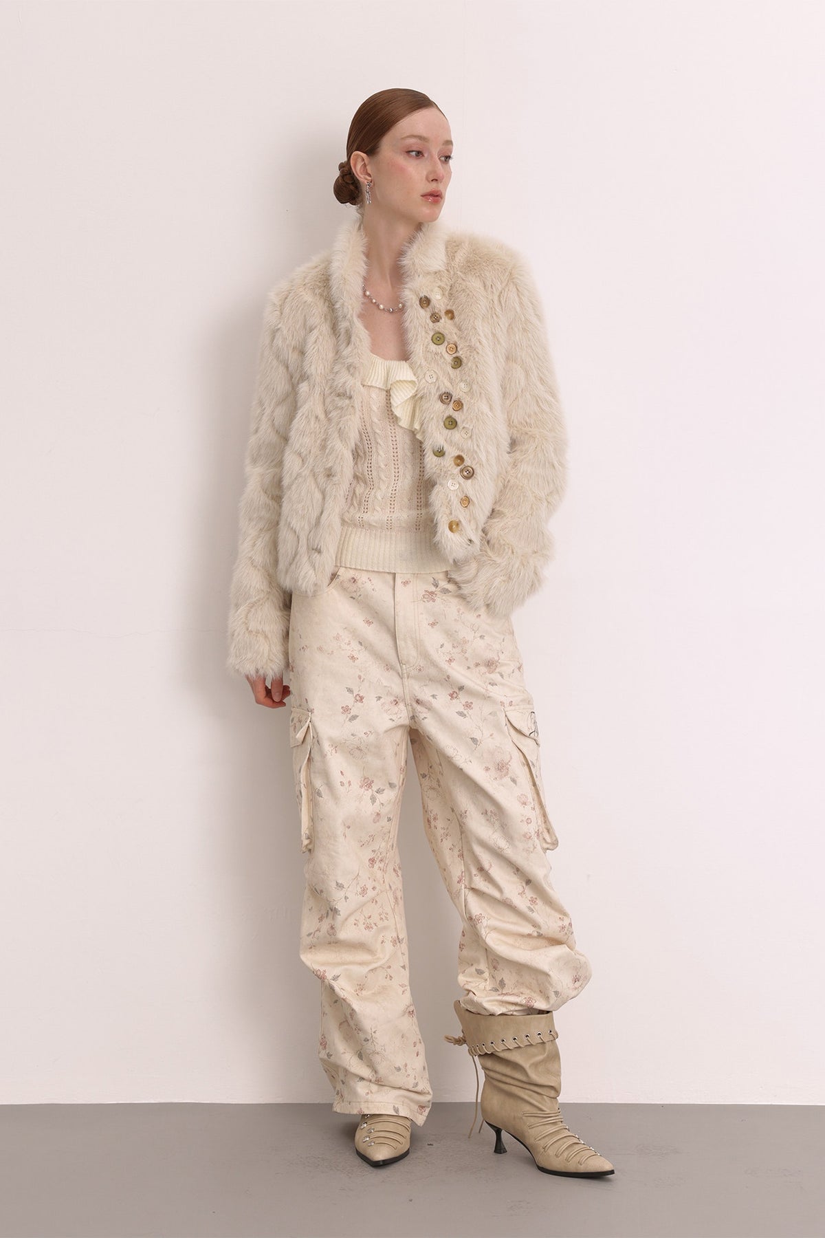 FAYCHUI Multi-Button Embossed Faux Fur Cream Short Jacket — full body