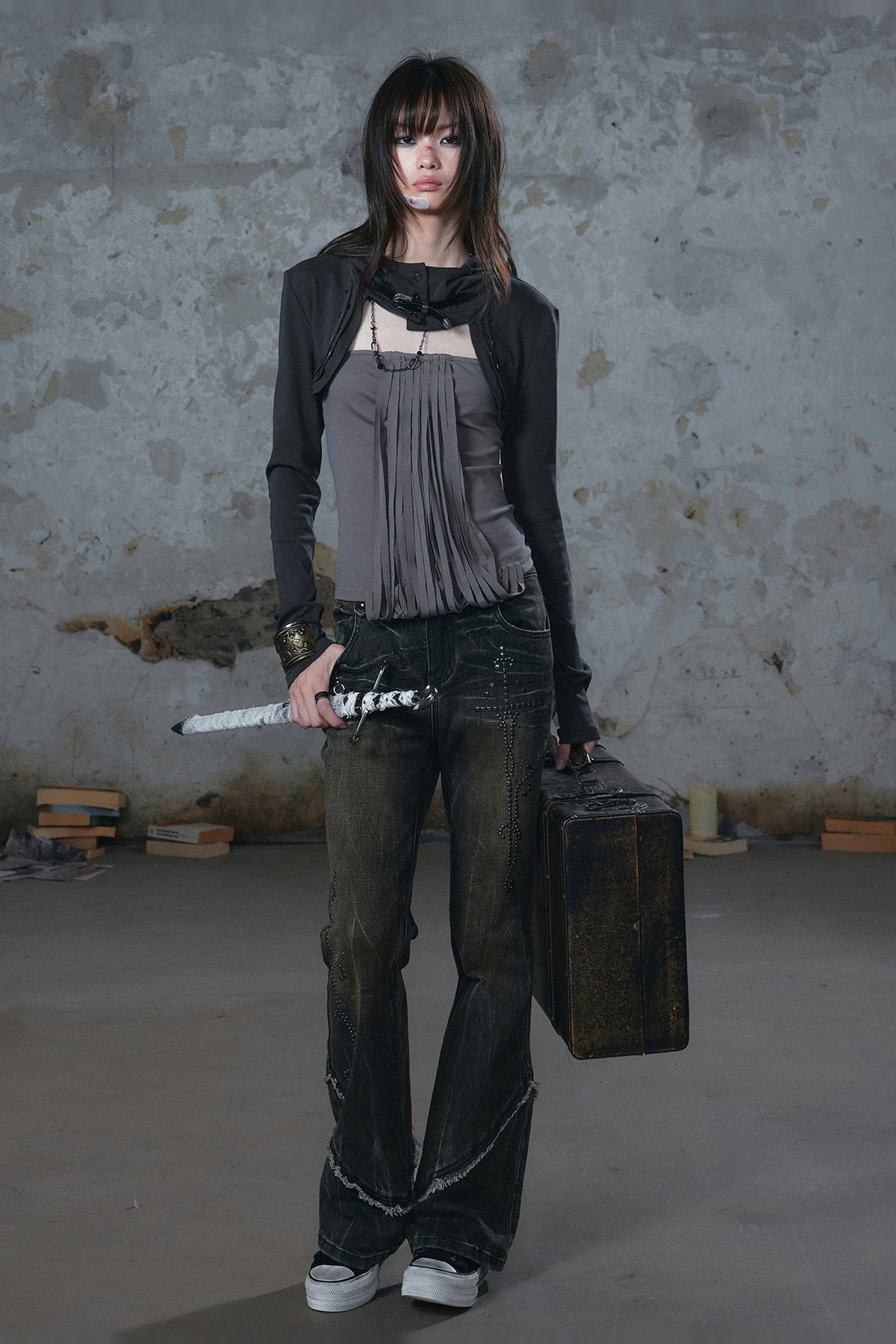 CESTNOUS Belted Frayed Studded Layered Hooded Long-Sleeve Tee — full body