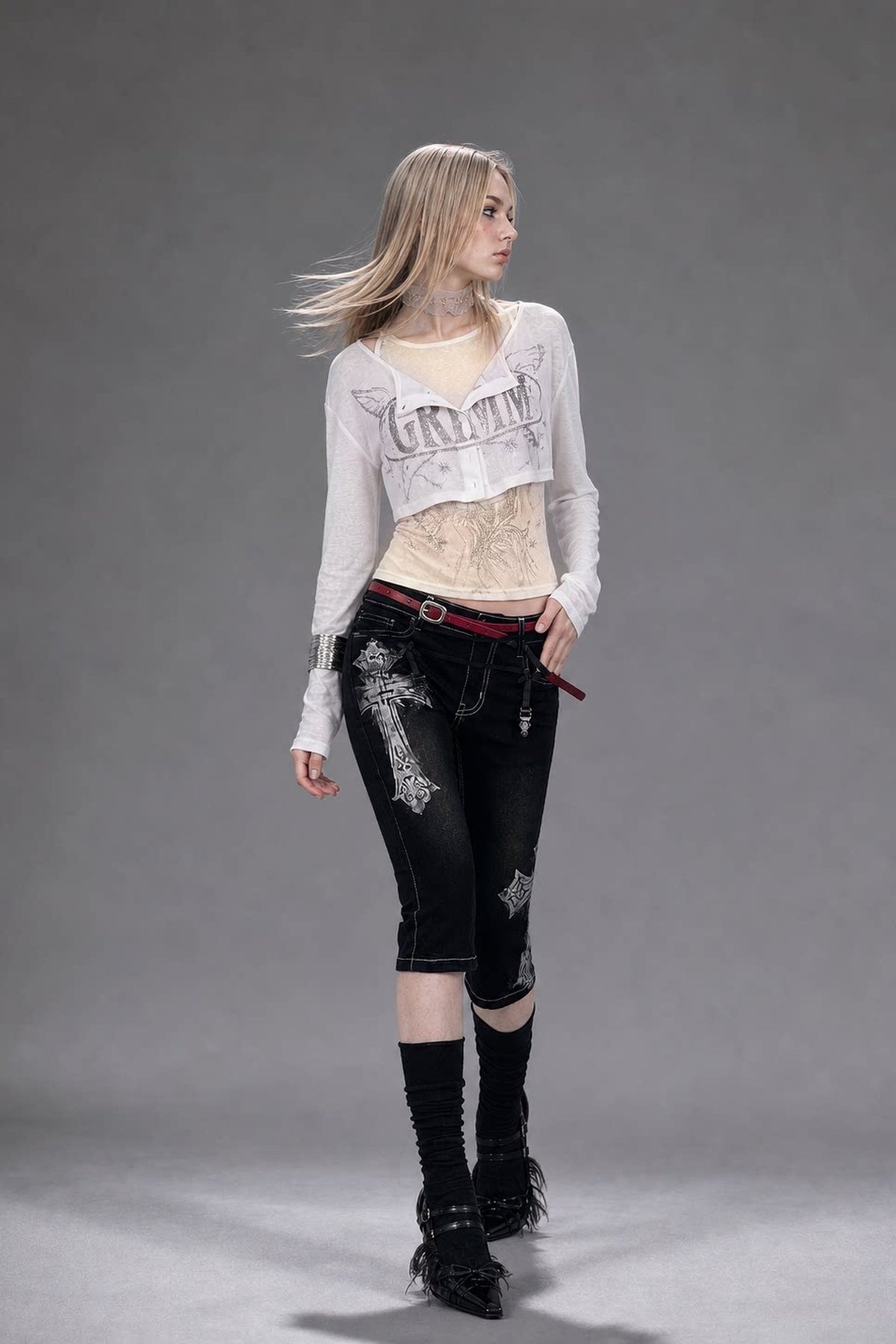 EMOHA Silver Graphic Slim Long-Sleeve Tee — full body · Outer Layer