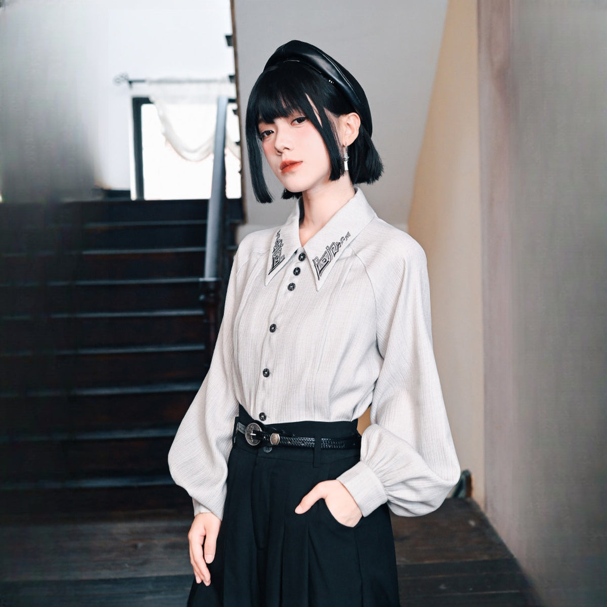 GUGUAI Retro Embroidered Lantern-Sleeve Shirt — square · side · C226 Embroidered Long Sleeve Shirt