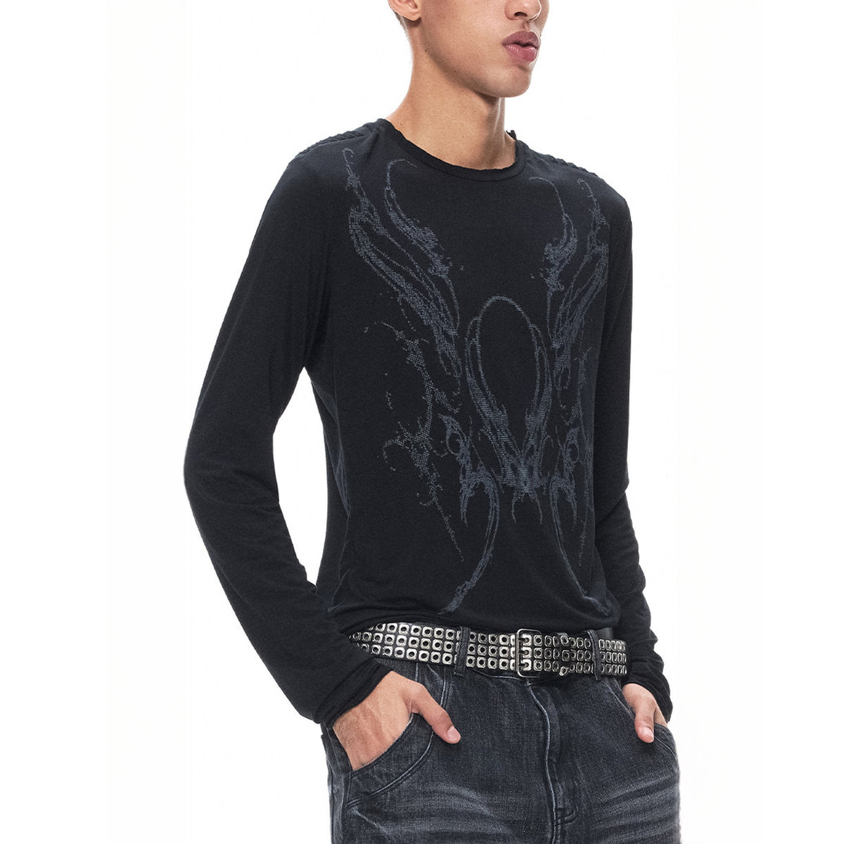 3MODE Oversized Retro Long-Sleeve Tee — square · side · Black