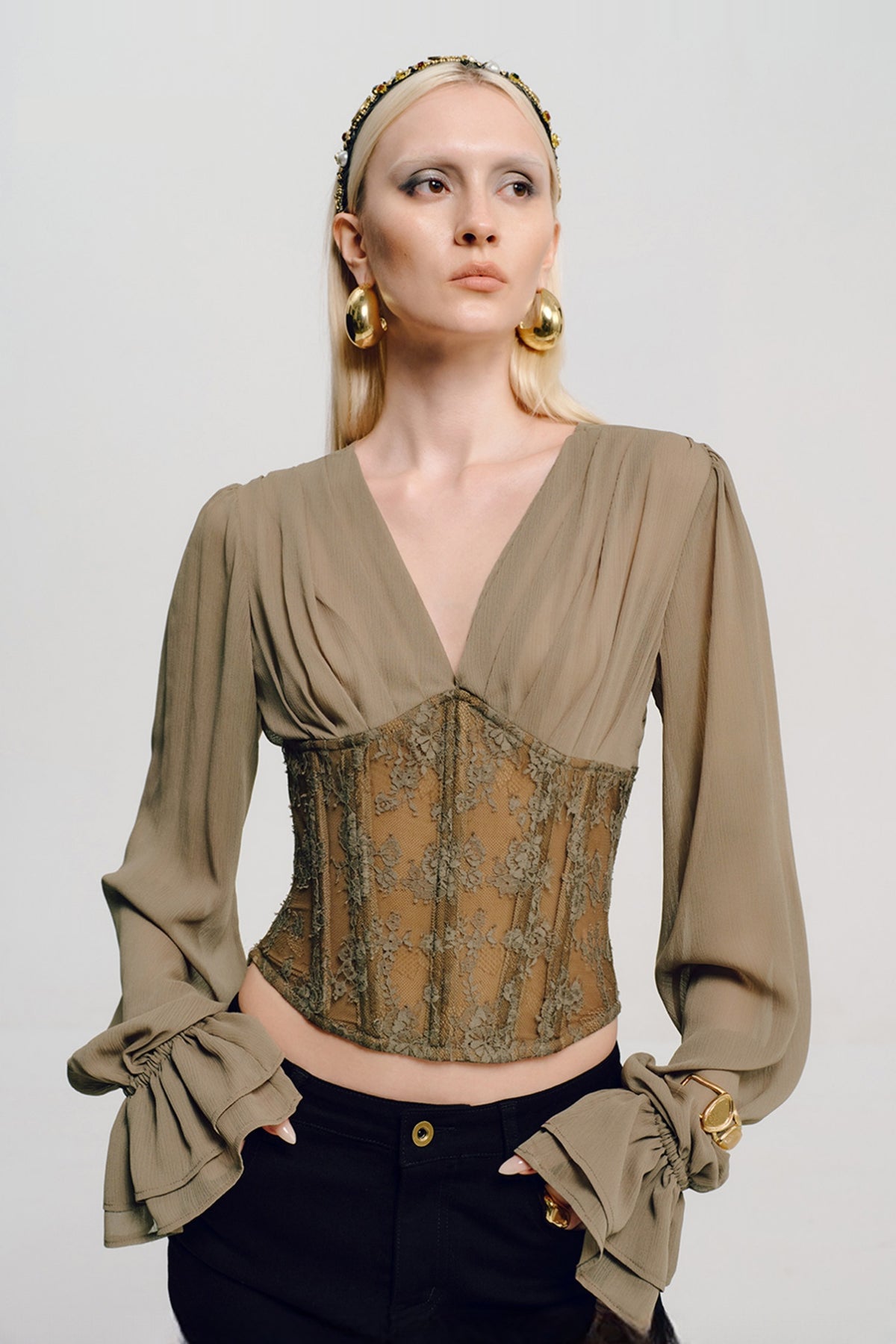 AWOKENTIME Lace-Spliced Puff-Sleeve V-Neck Shirt — half body