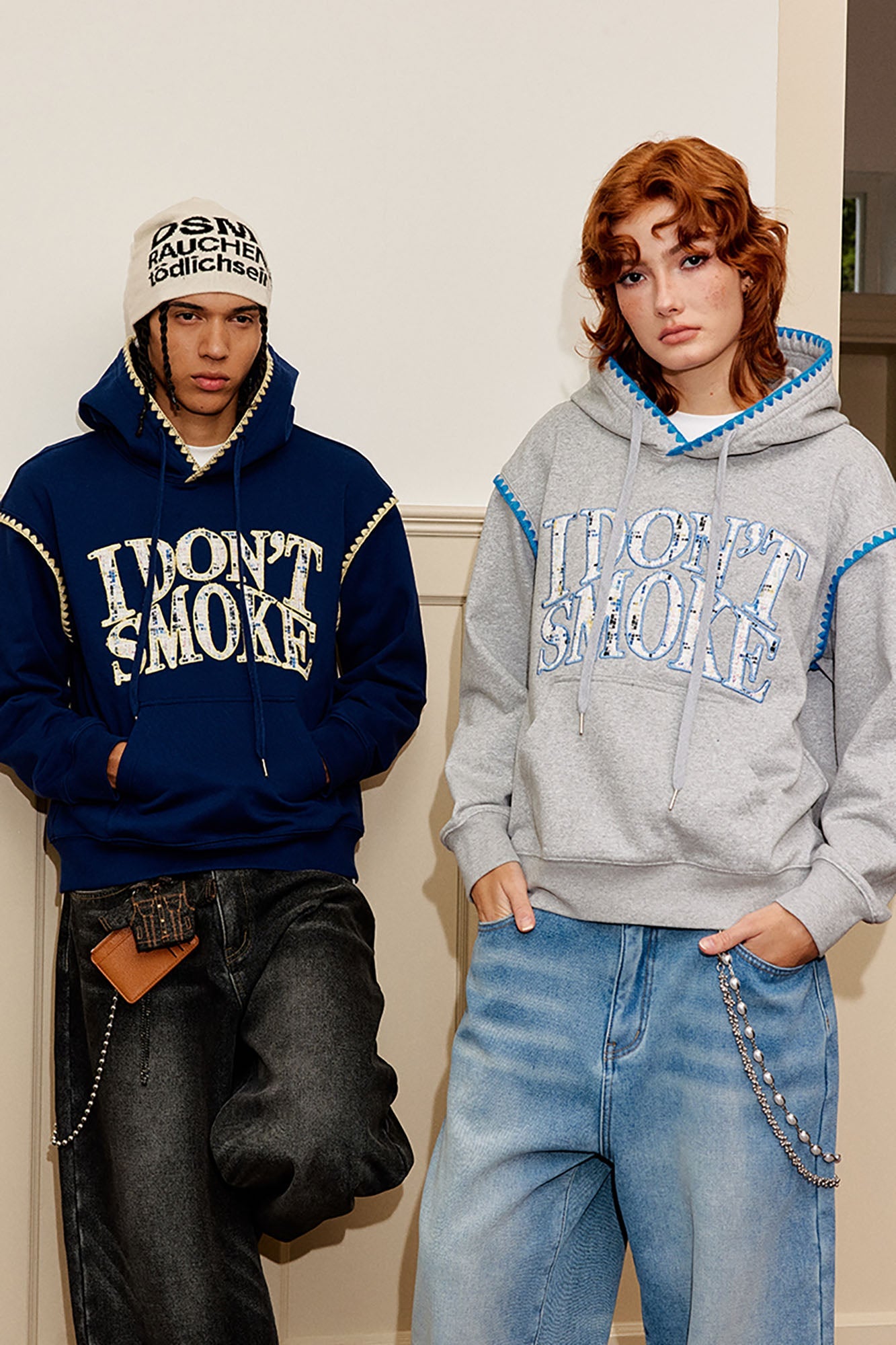 DONSMOKE Retro Embroidered Patch Whipstitch Hoodie