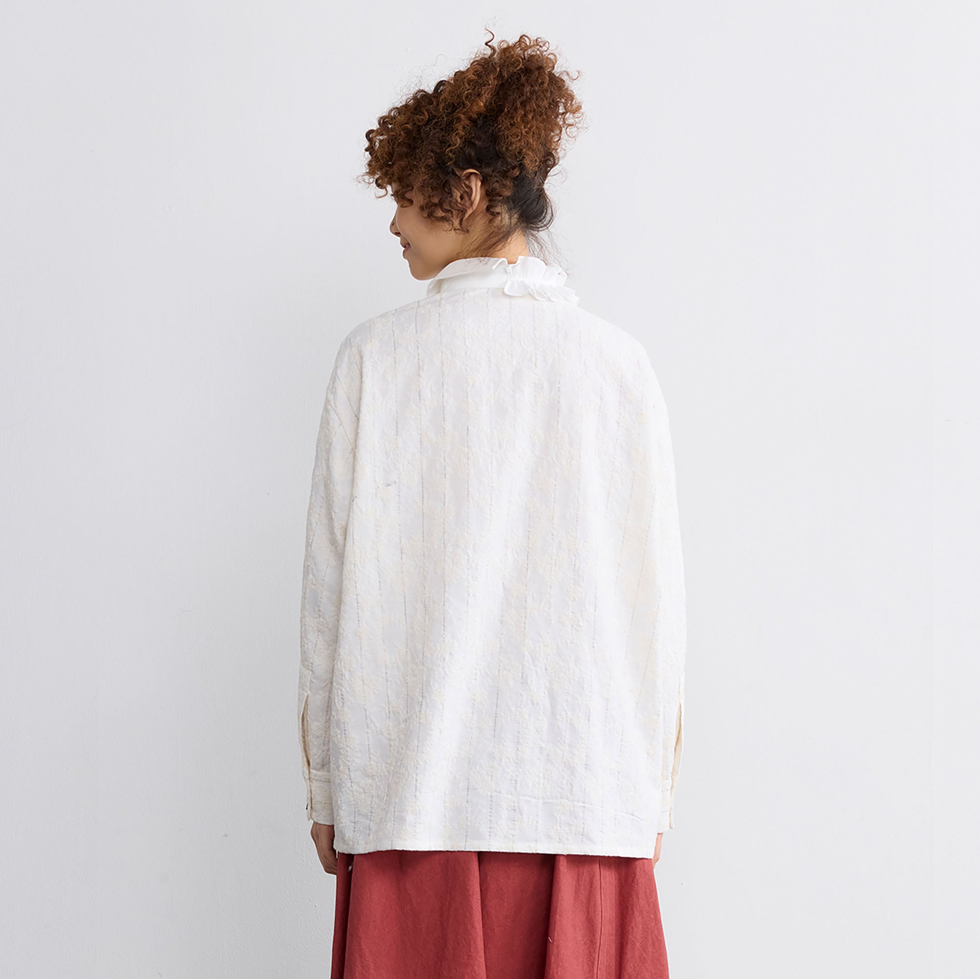 NOESE Asymmetrical Ruffle Collar Embroidered Shirt