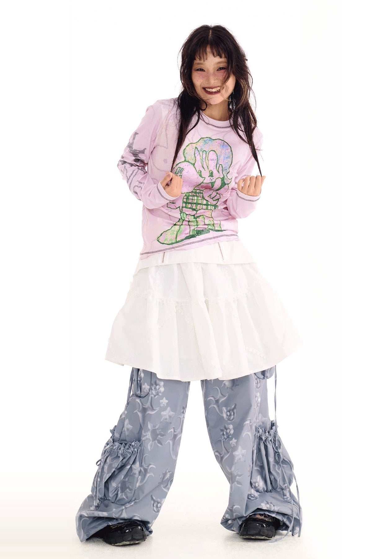 SILLYSIS Graphic Multi-Pocket Wide-Leg Cargo Pants — full body