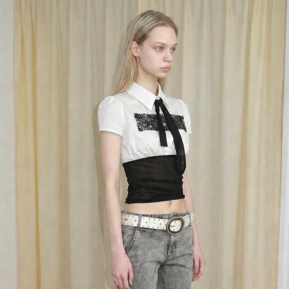 EMOHA Lace-Spliced Tie-Neck Slim Short-Sleeve Shirt — square · side