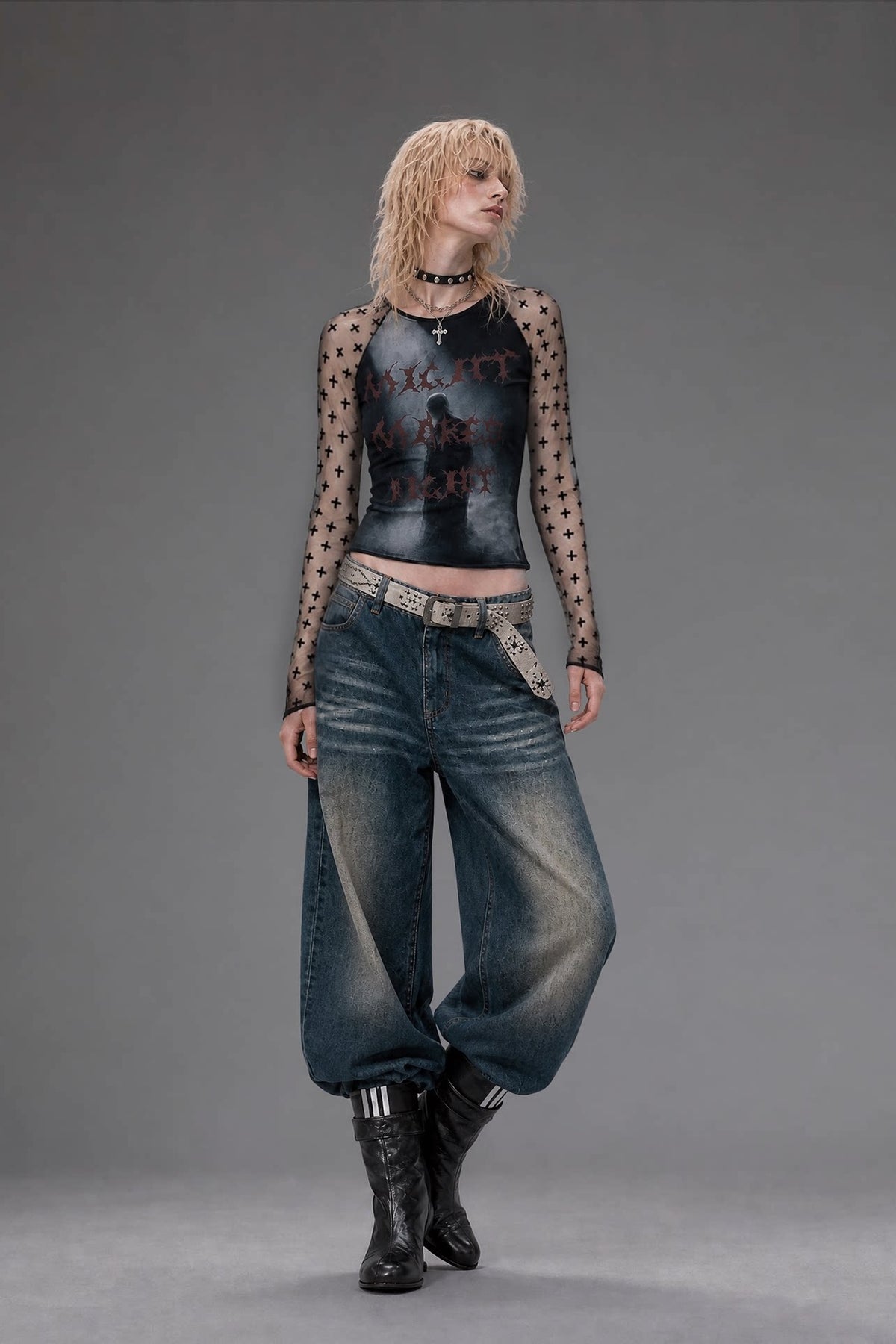 EMOHA Graphic Mesh Slim Long-Sleeve Tee — full body