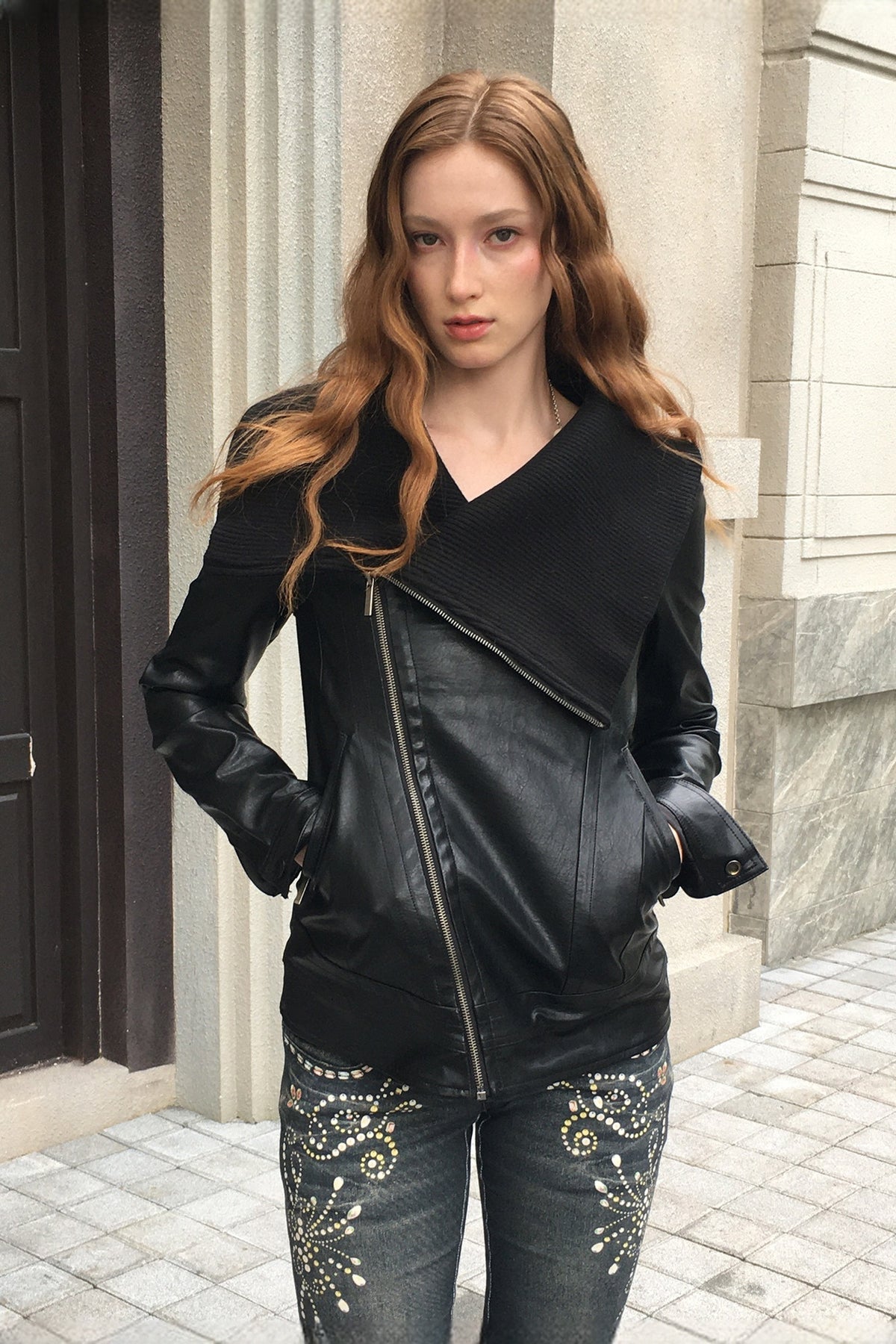FAYCHUI Matte Faux Leather Ribbed Stand-Collar Jacket — half body