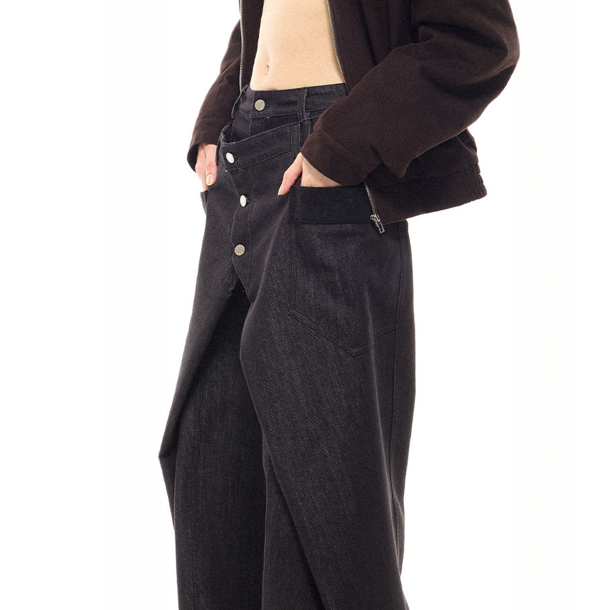 COSTUSTOOT Deconstructed Faux Two-Piece Curved Wide-Leg Black Jeans — square · side