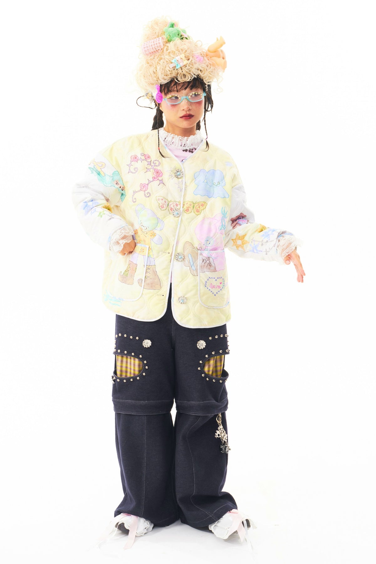 SILLYSIS Rivet Cut-Out Double-Knee Layered Jeans — full body