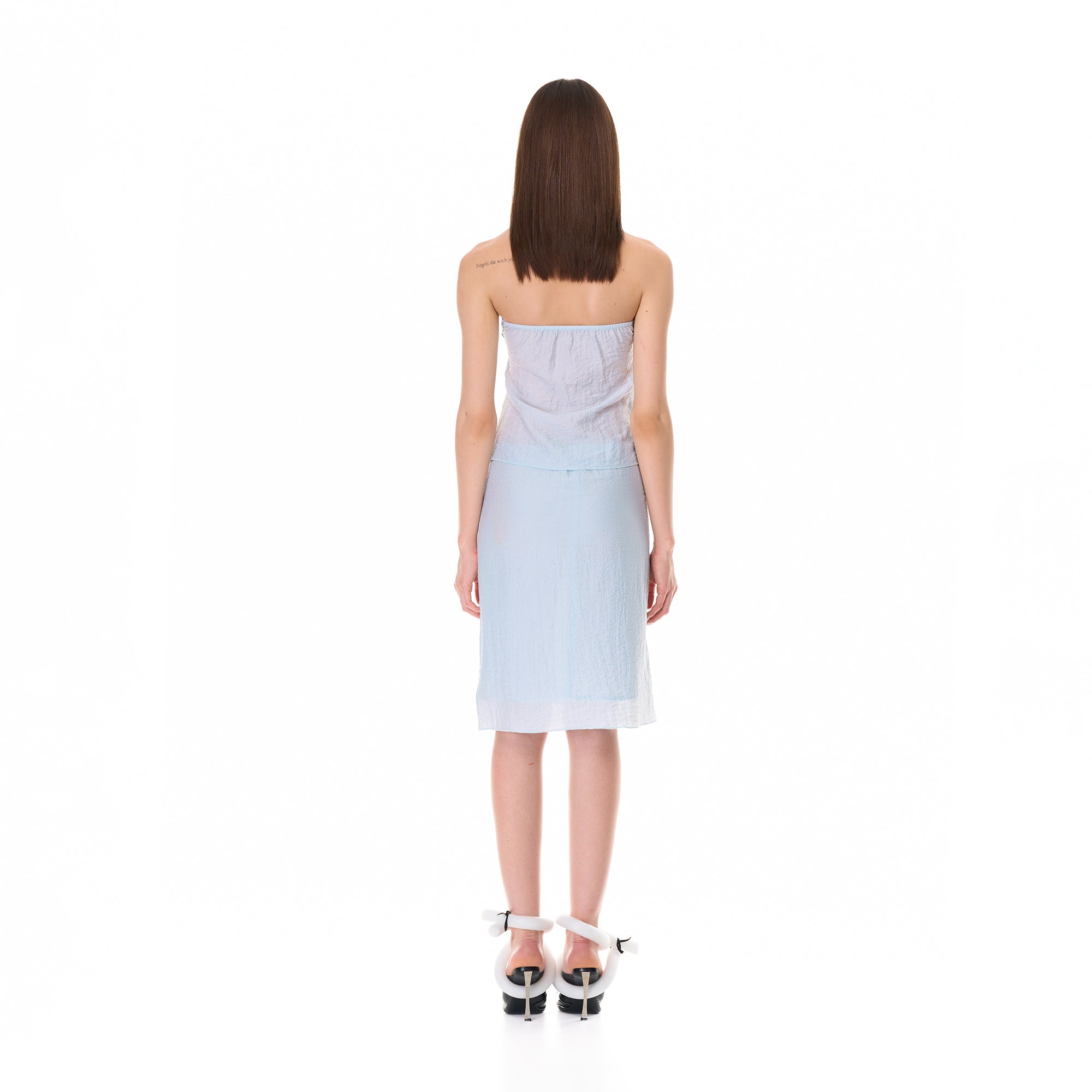 NEVER OFFEND L ANGEL Pleated Strapless Top And Sheer Midi Skirt Set