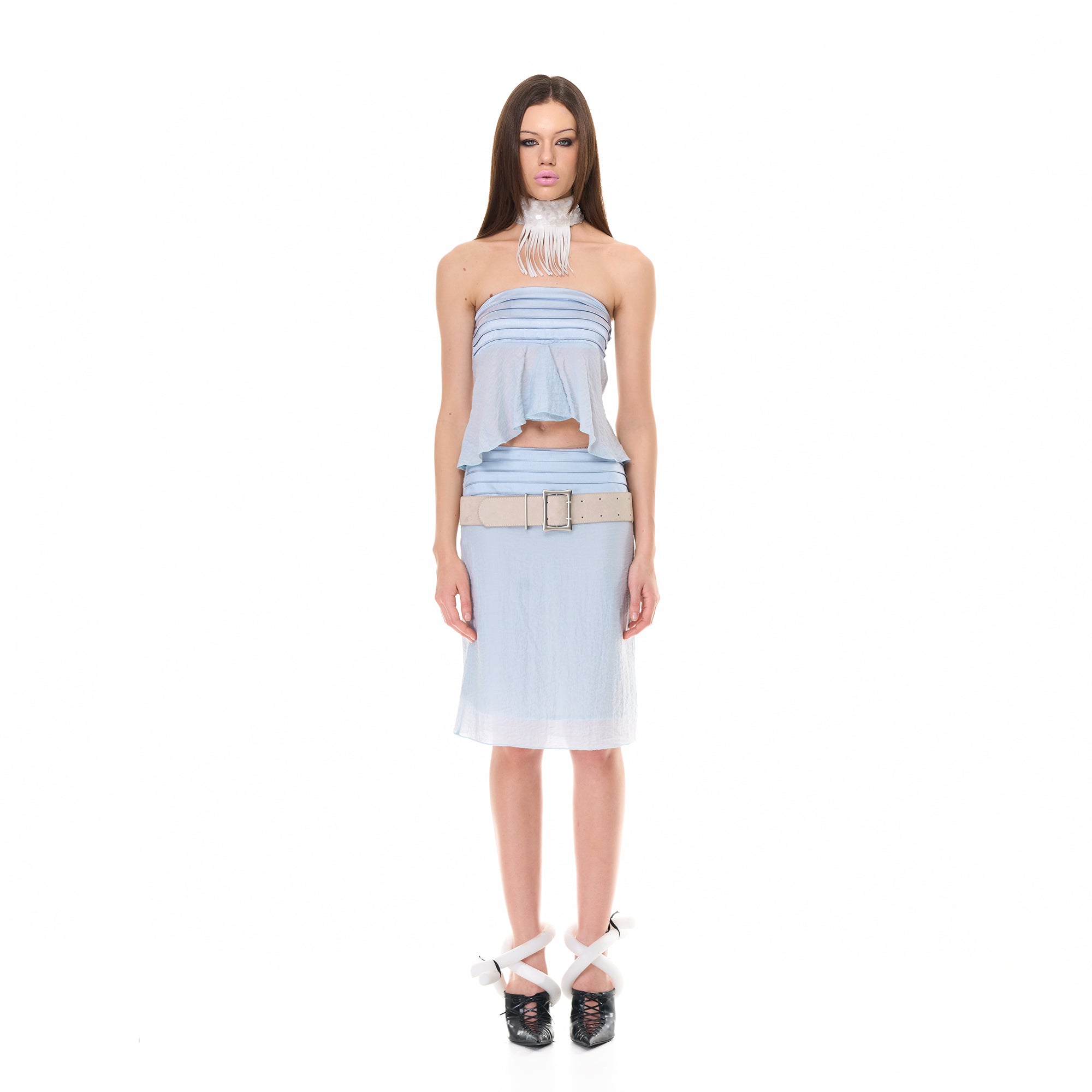 NEVER OFFEND L ANGEL Pleated Strapless Top And Sheer Midi Skirt Set