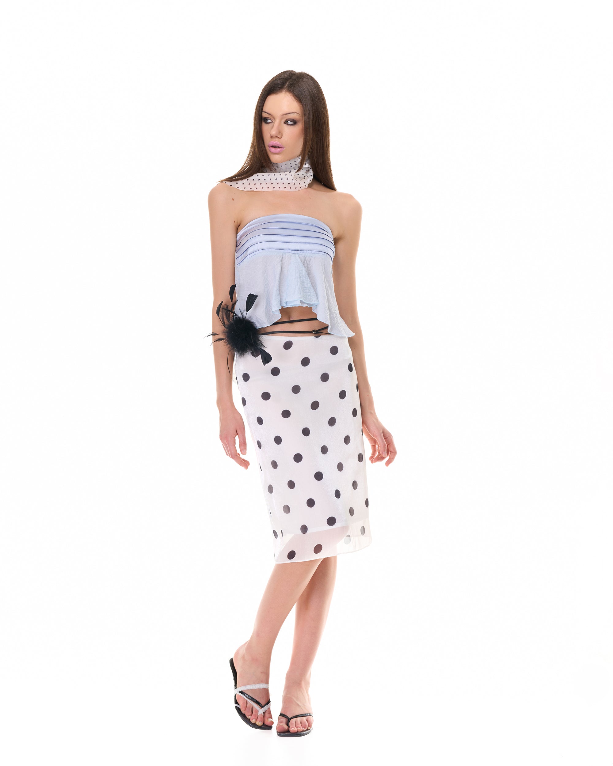 NEVER OFFEND L ANGEL Satin Shell Bandeau And Polka Dot Sheer Midi Skirt Set