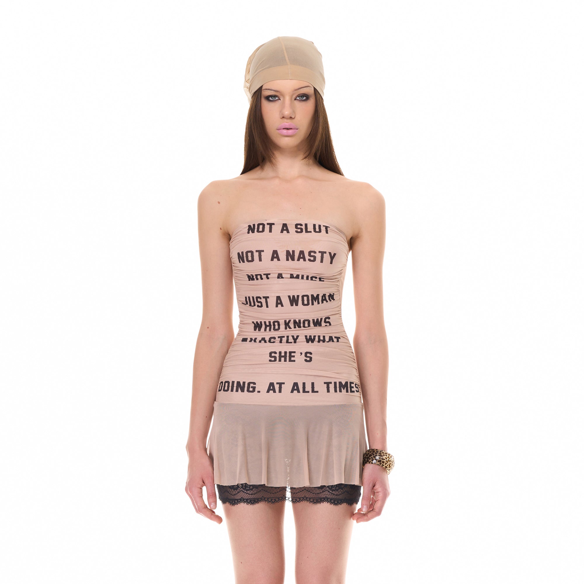 NEVER OFFEND L ANGEL Slogan Mesh Ruched Lace-Hem Strapless Mini Dress