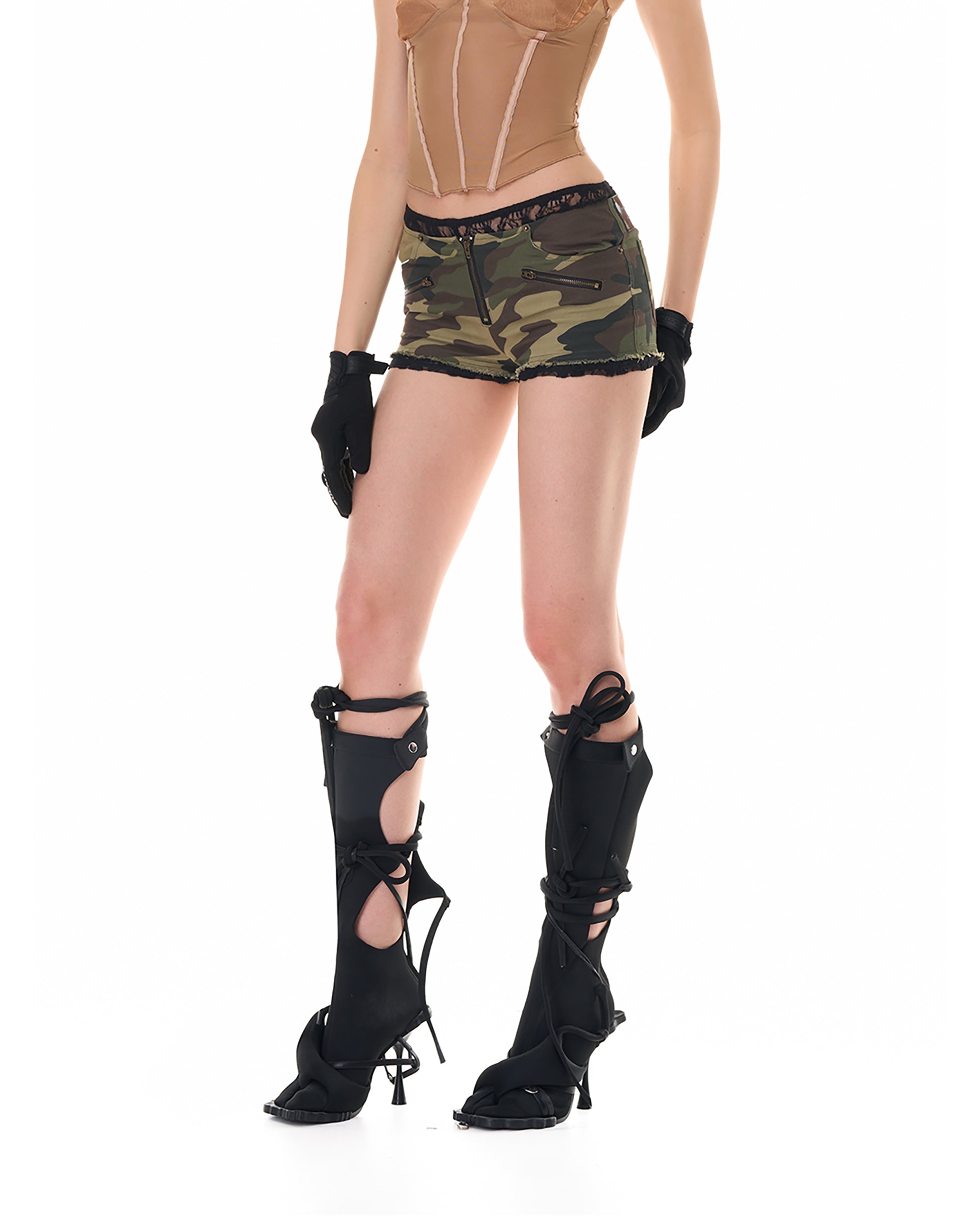 NEVER OFFEND L ANGEL Lace-Trim Low-Rise Camo Mini Shorts