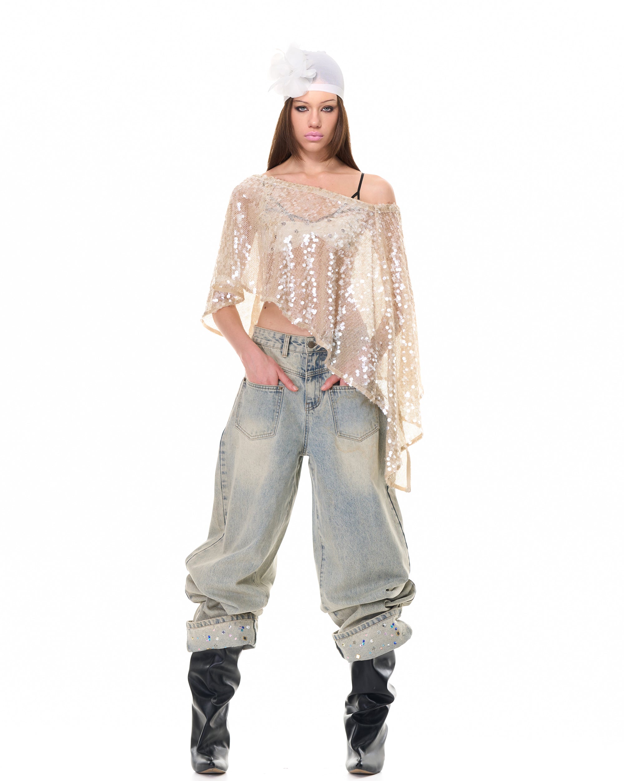 NEVER OFFEND L ANGEL Asymmetrical Sequin Mesh Cape Top