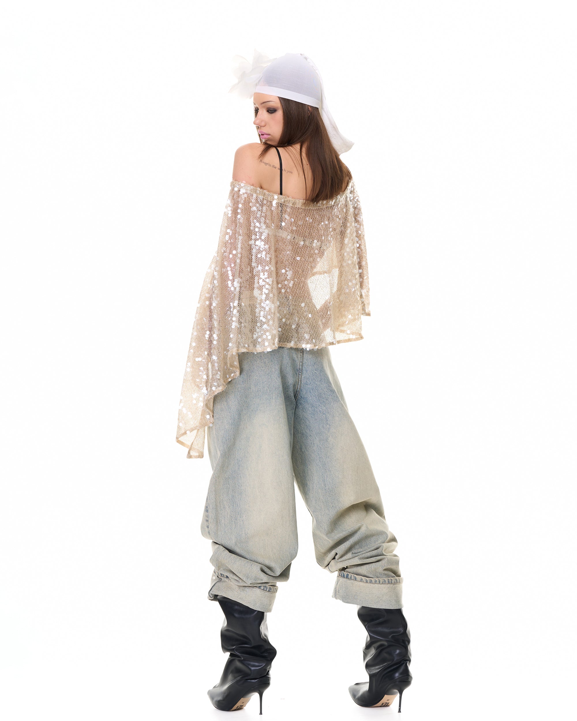 NEVER OFFEND L ANGEL Asymmetrical Sequin Mesh Cape Top