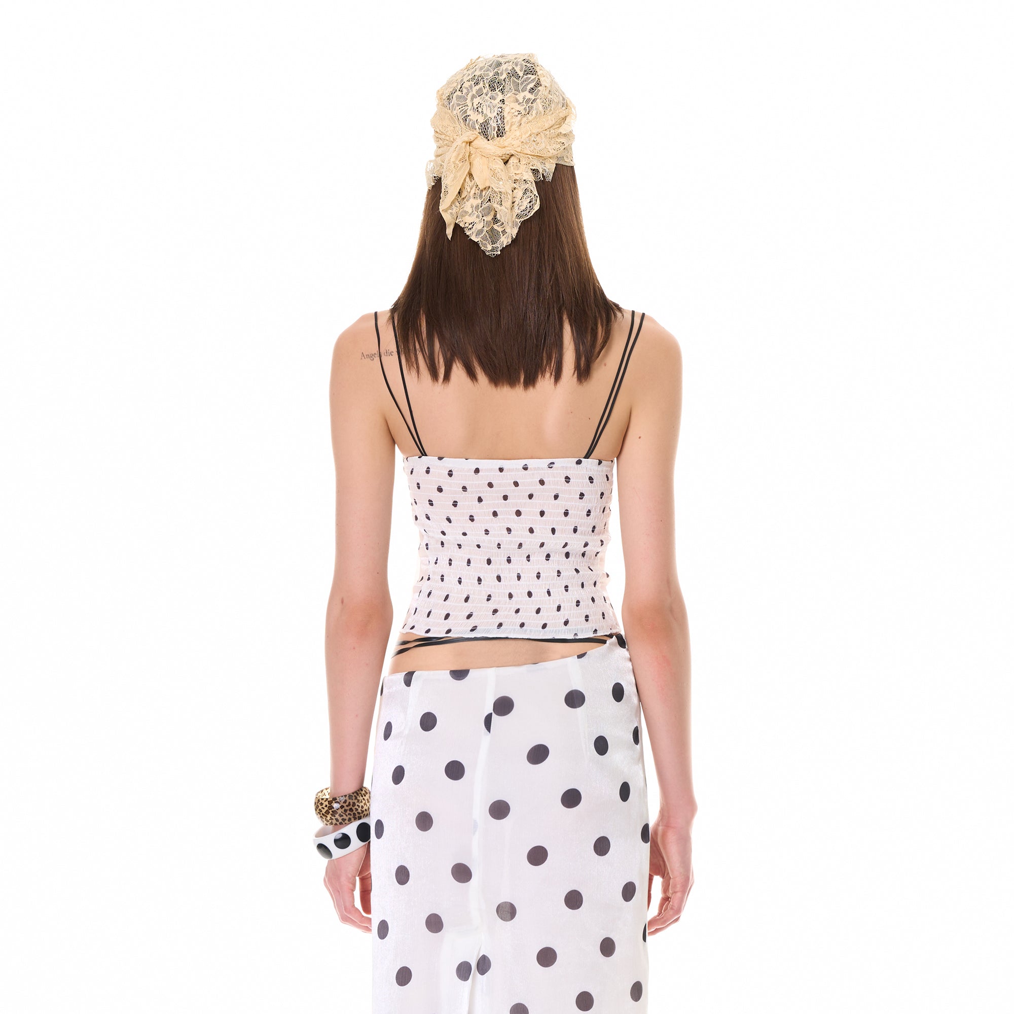 NEVER OFFEND L ANGEL Satin Shell Bandeau And Polka Dot Sheer Midi Skirt Set