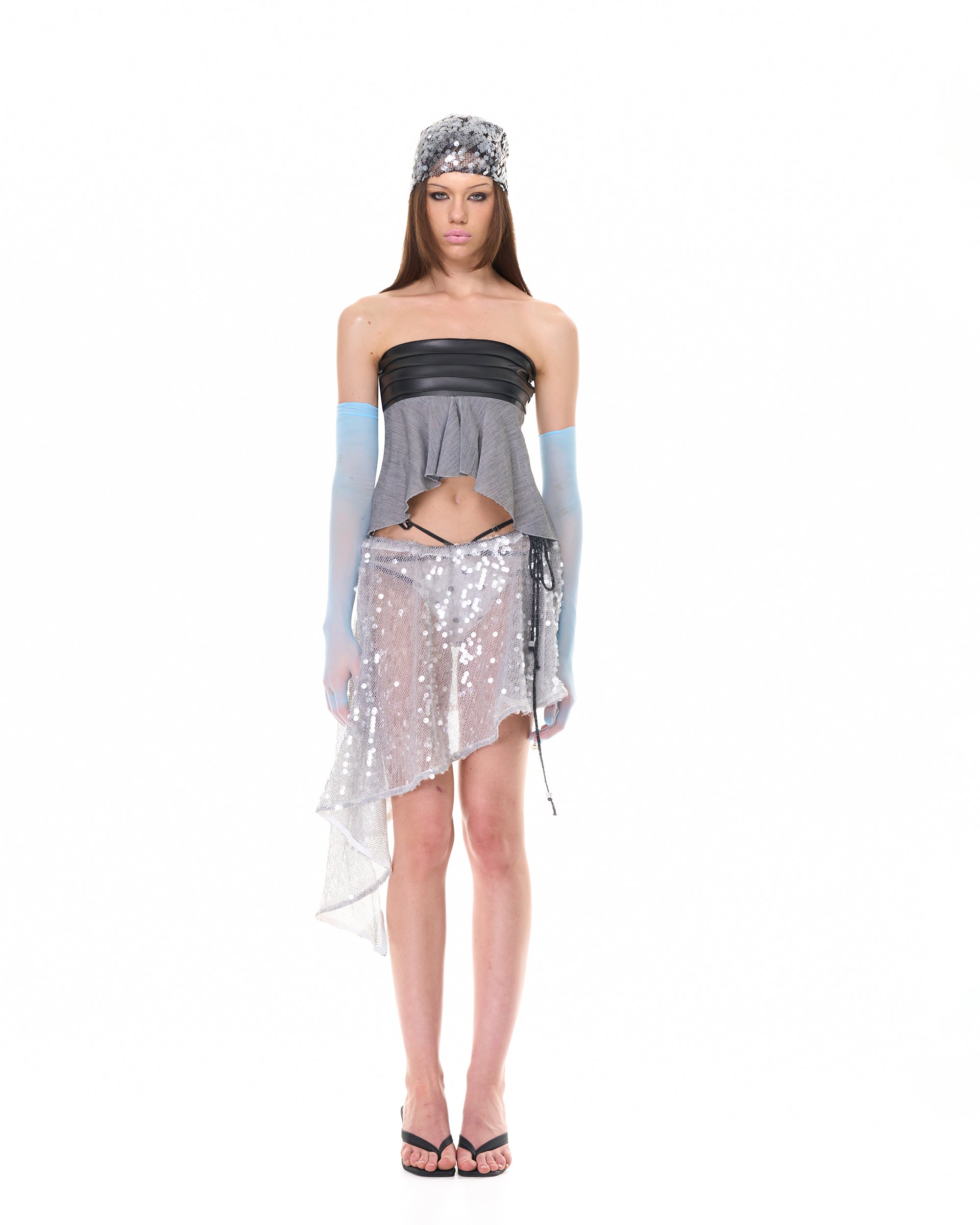 NEVER OFFEND L ANGEL Pleated Strapless Top And Sheer Midi Skirt Set