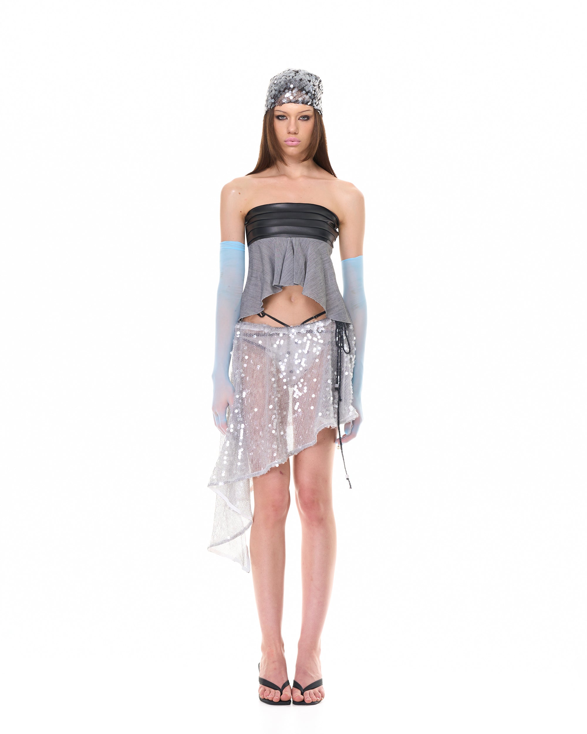 NEVER OFFEND L ANGEL Asymmetrical Sequin Mesh Cape Top