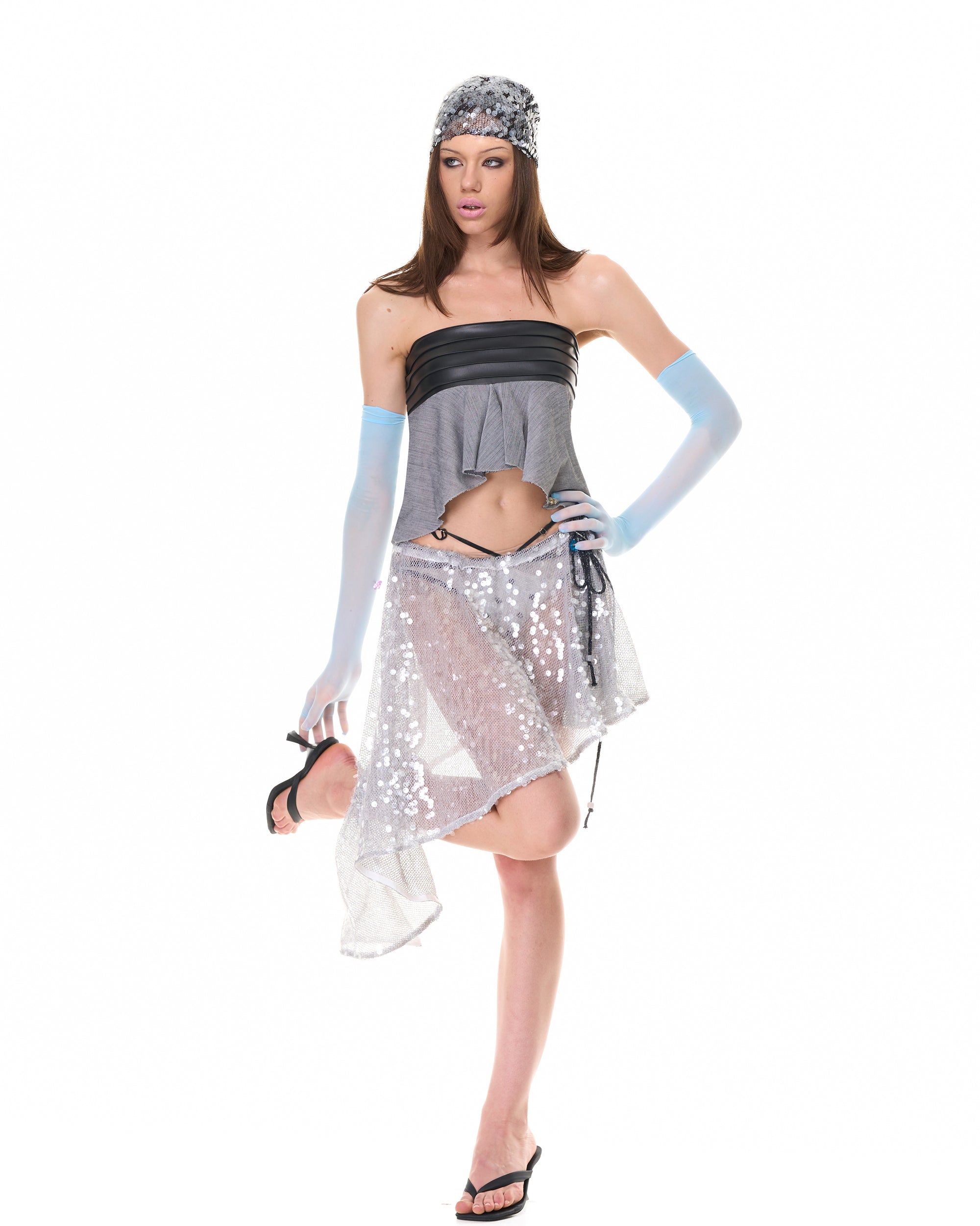 NEVER OFFEND L ANGEL Asymmetrical Sequin Mesh Cape Top