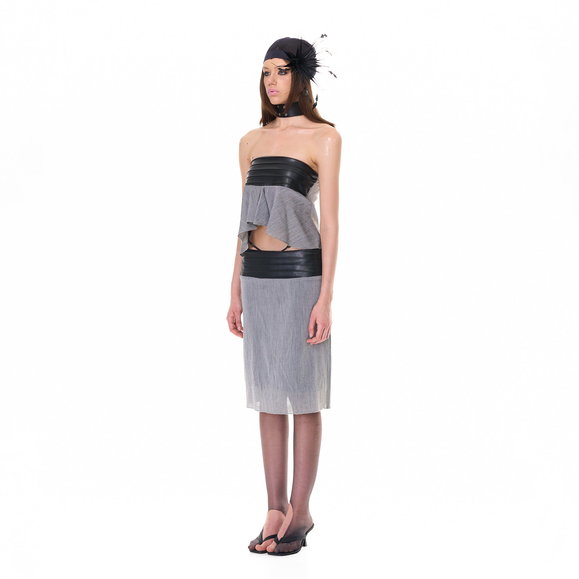NEVER OFFEND L ANGEL Pleated Strapless Top And Sheer Midi Skirt Set