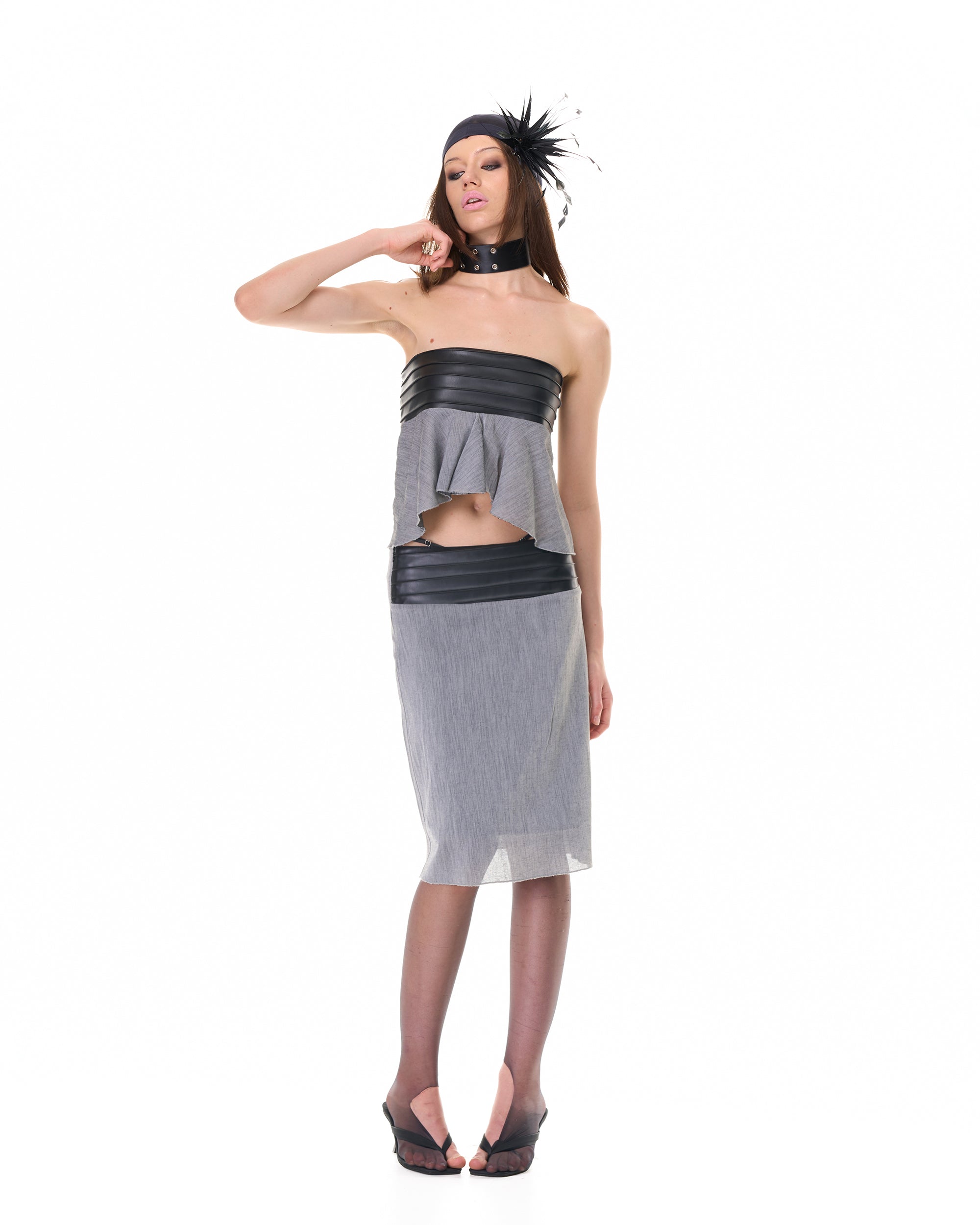 NEVER OFFEND L ANGEL Pleated Strapless Top And Sheer Midi Skirt Set