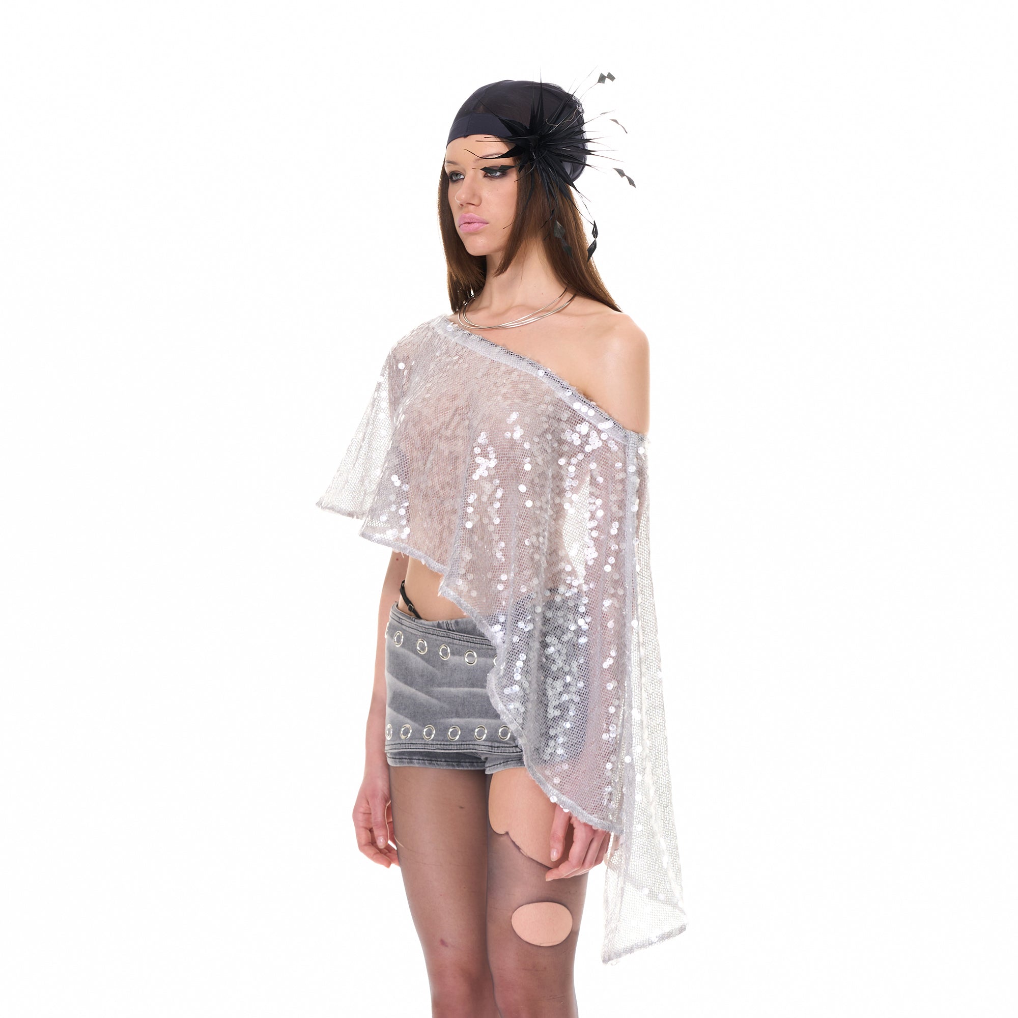 NEVER OFFEND L ANGEL Asymmetrical Sequin Mesh Cape Top