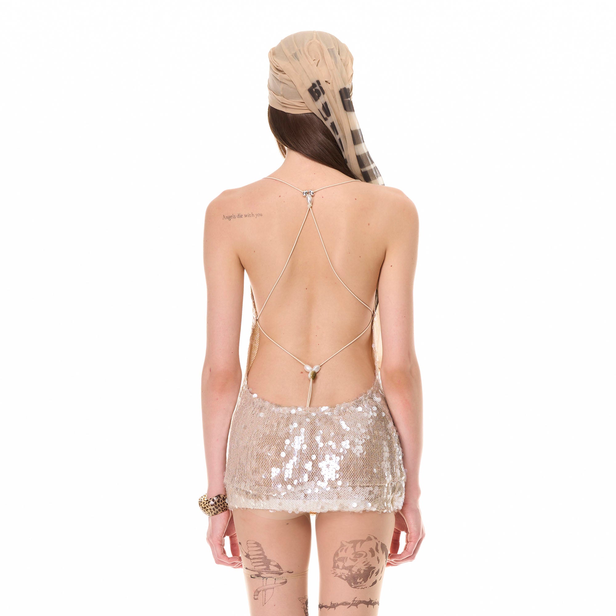 NEVER OFFEND L ANGEL Backless Sequin Cowl-Neck Tank Top