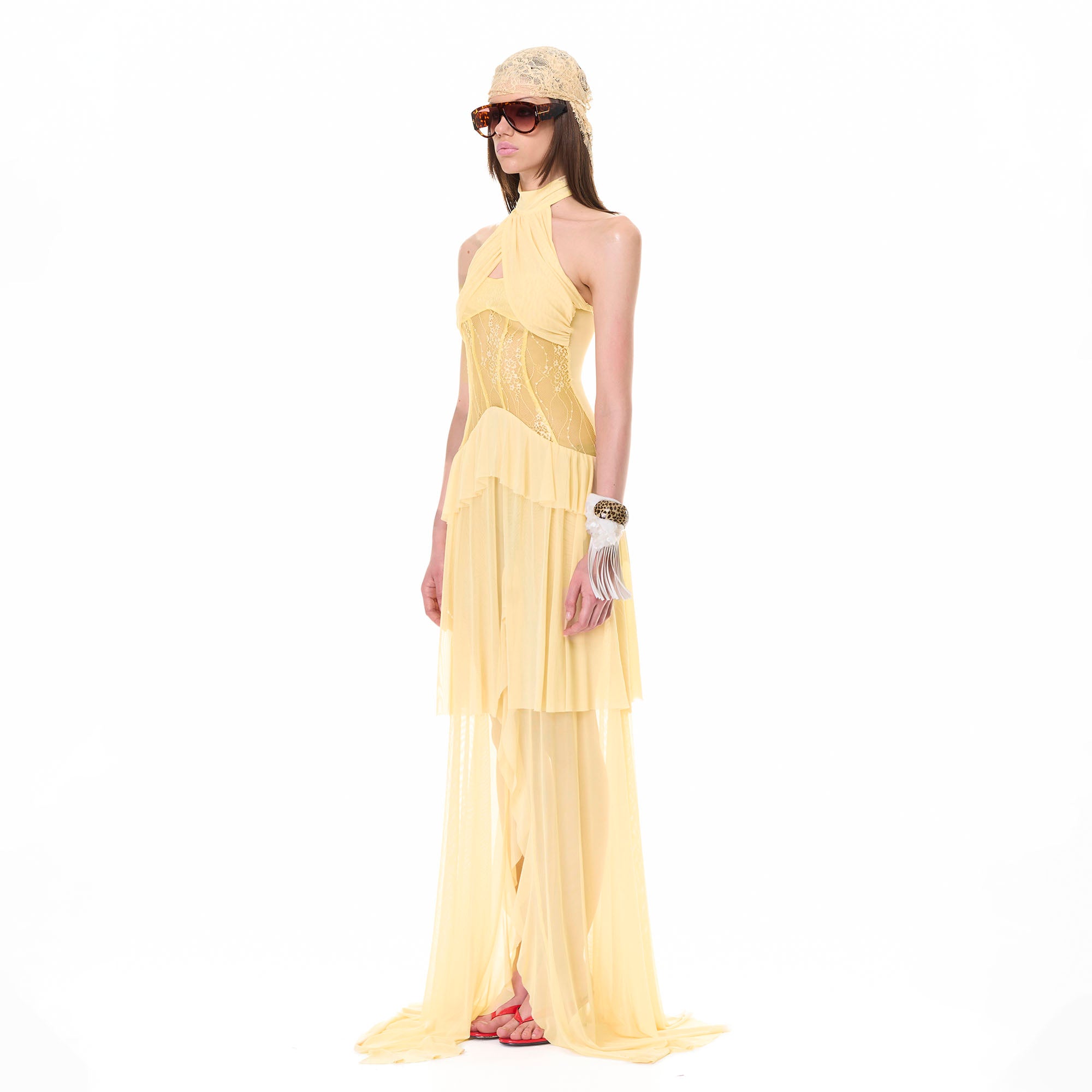 NEVER OFFEND L ANGEL Cross-Halter Sheer Corset Maxi Dress