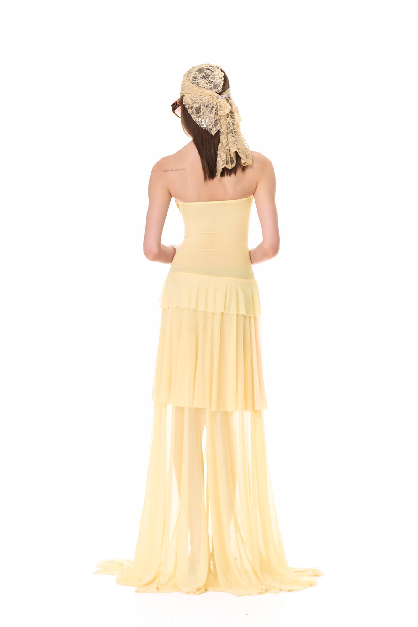 NEVER OFFEND L ANGEL Cross-Halter Sheer Corset Maxi Dress