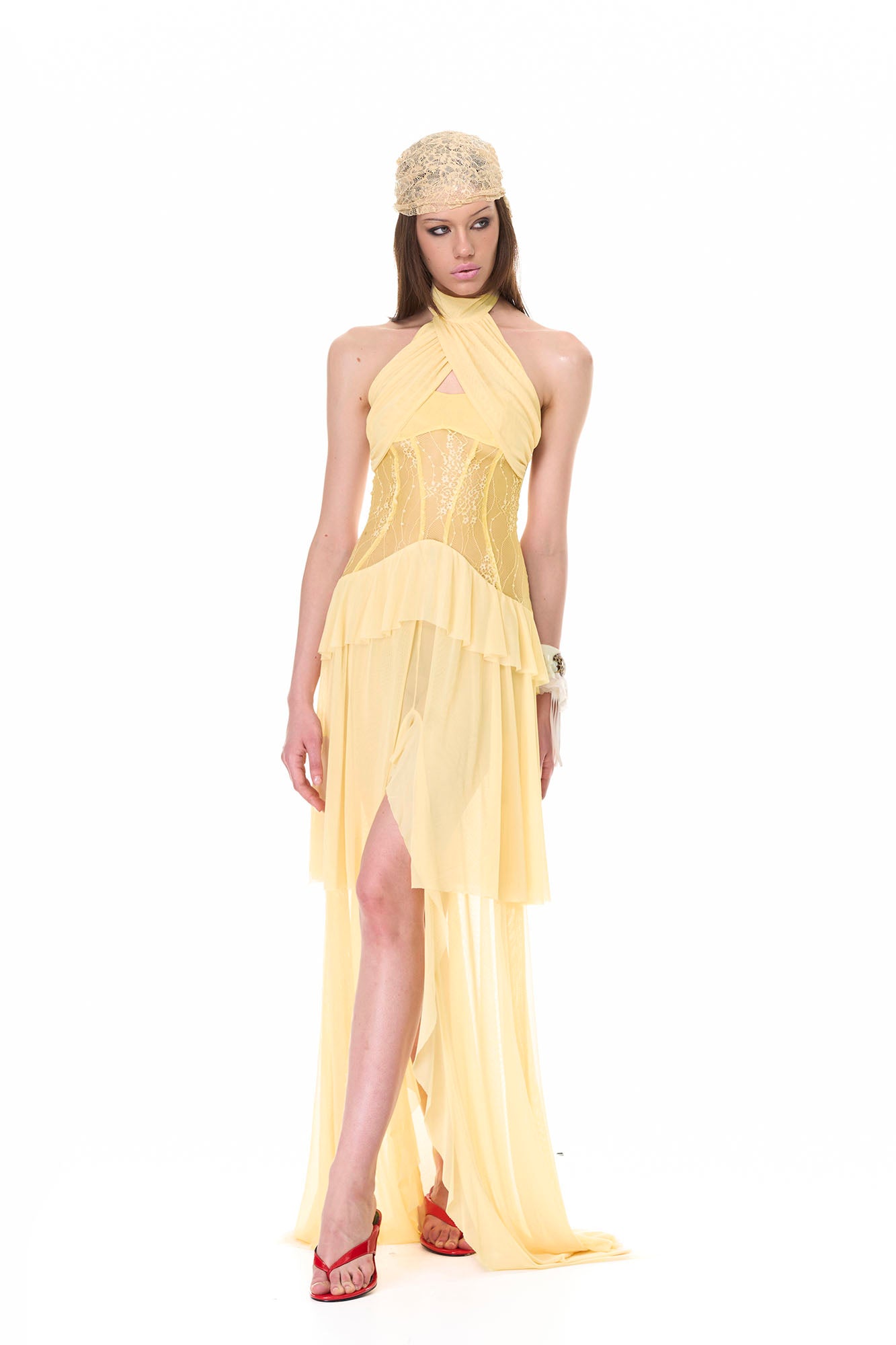 NEVER OFFEND L ANGEL Cross-Halter Sheer Corset Maxi Dress