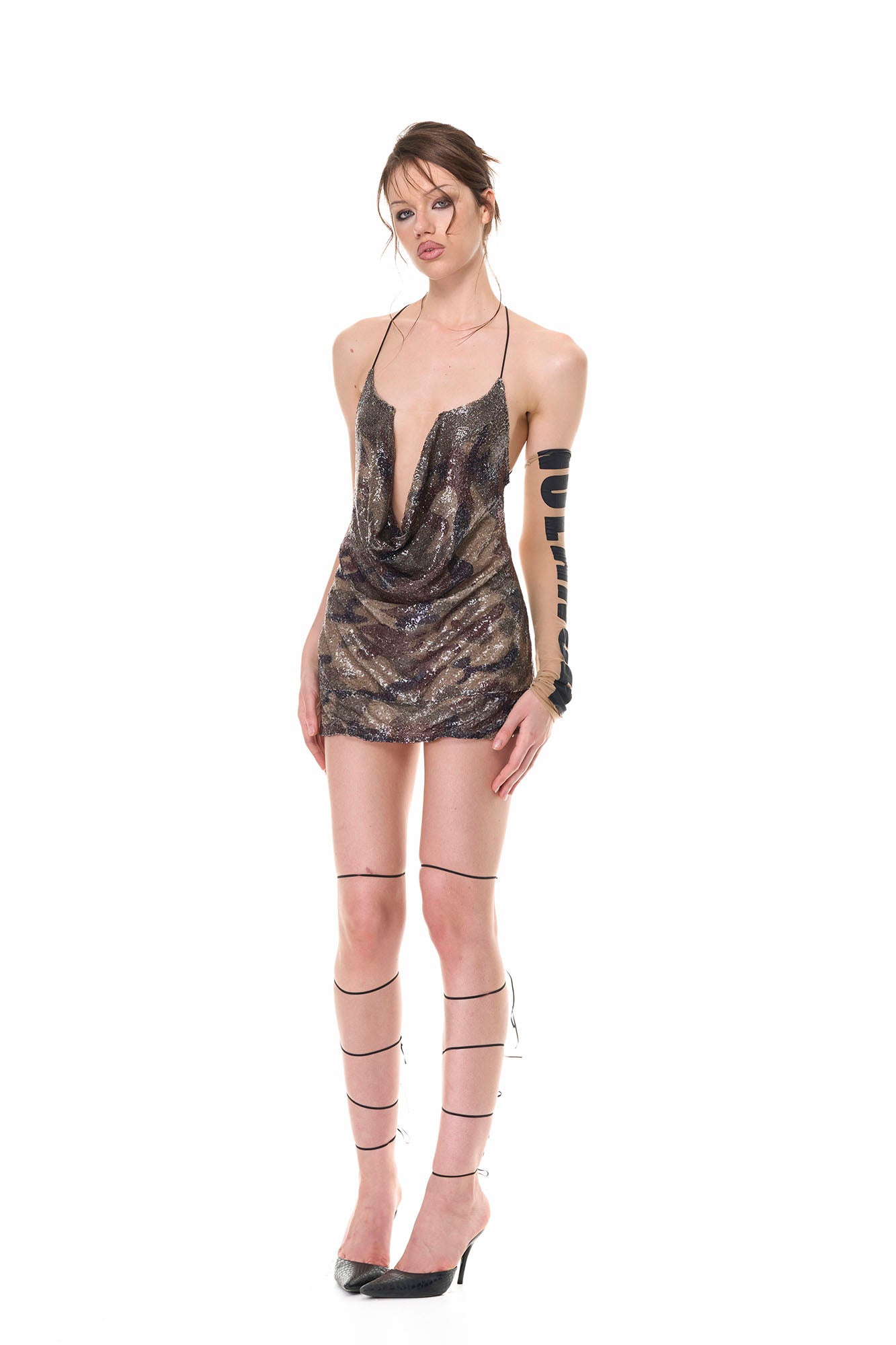 NEVER OFFEND L ANGEL Backless Camo Sequin Cowl-Neck Tank Top