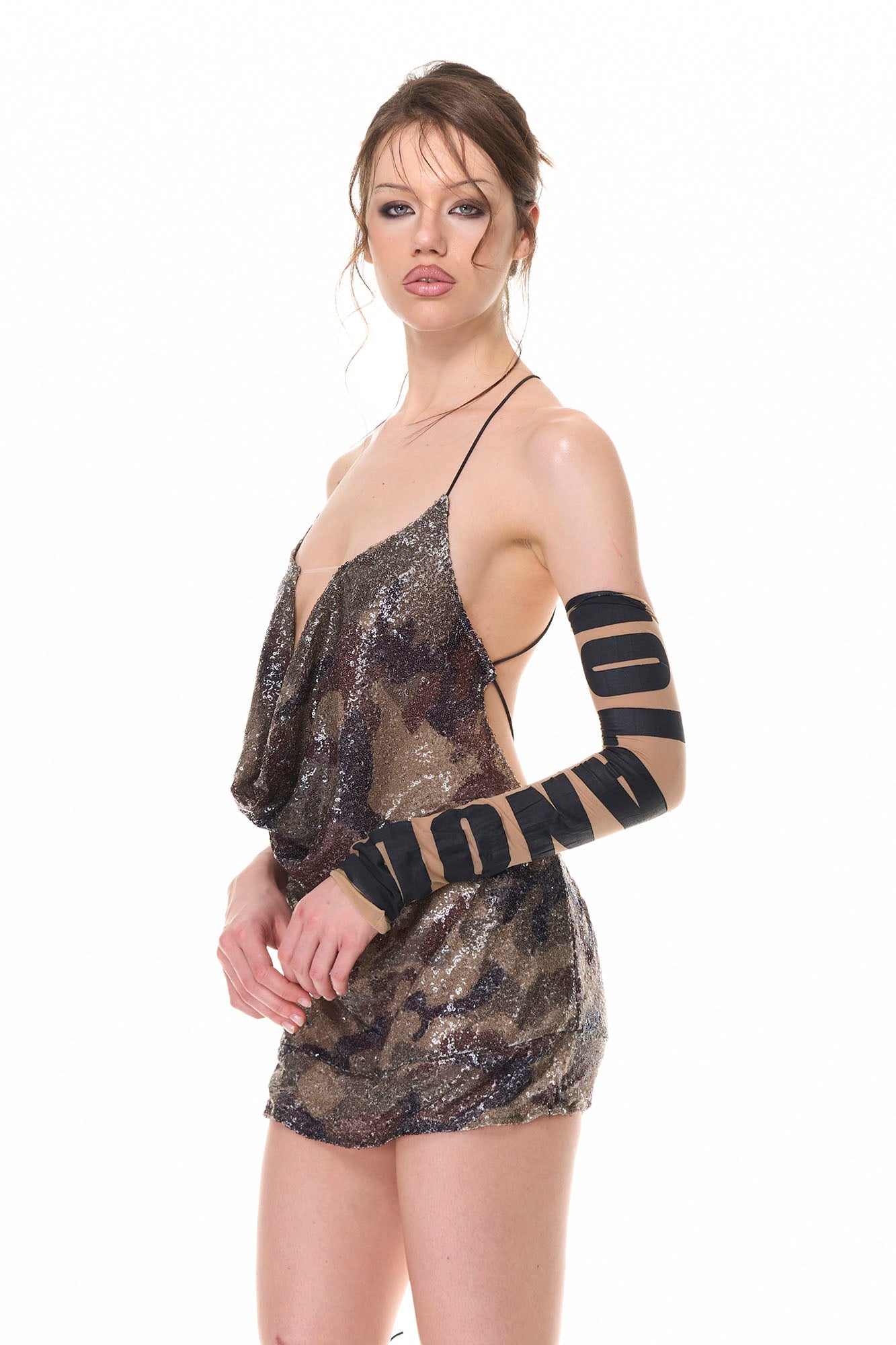 NEVER OFFEND L ANGEL Backless Camo Sequin Cowl-Neck Tank Top
