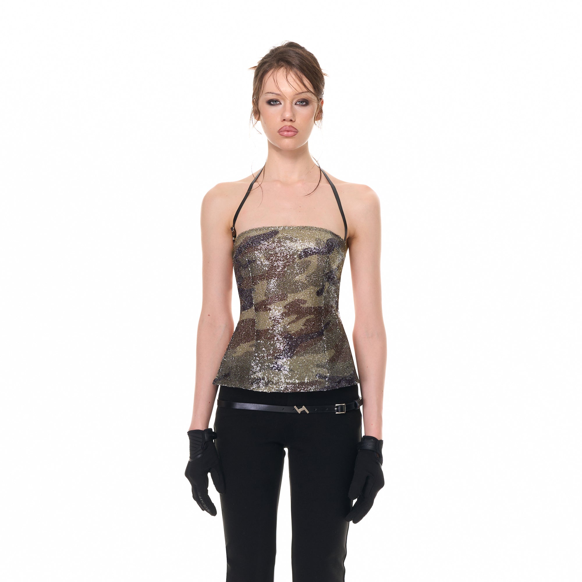 NEVER OFFEND L ANGEL Glitter Camo Strappy Open-Back Halter Top