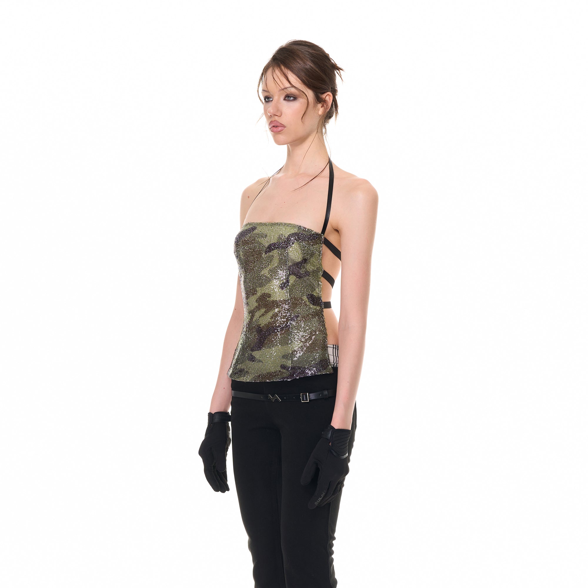 NEVER OFFEND L ANGEL Glitter Camo Strappy Open-Back Halter Top