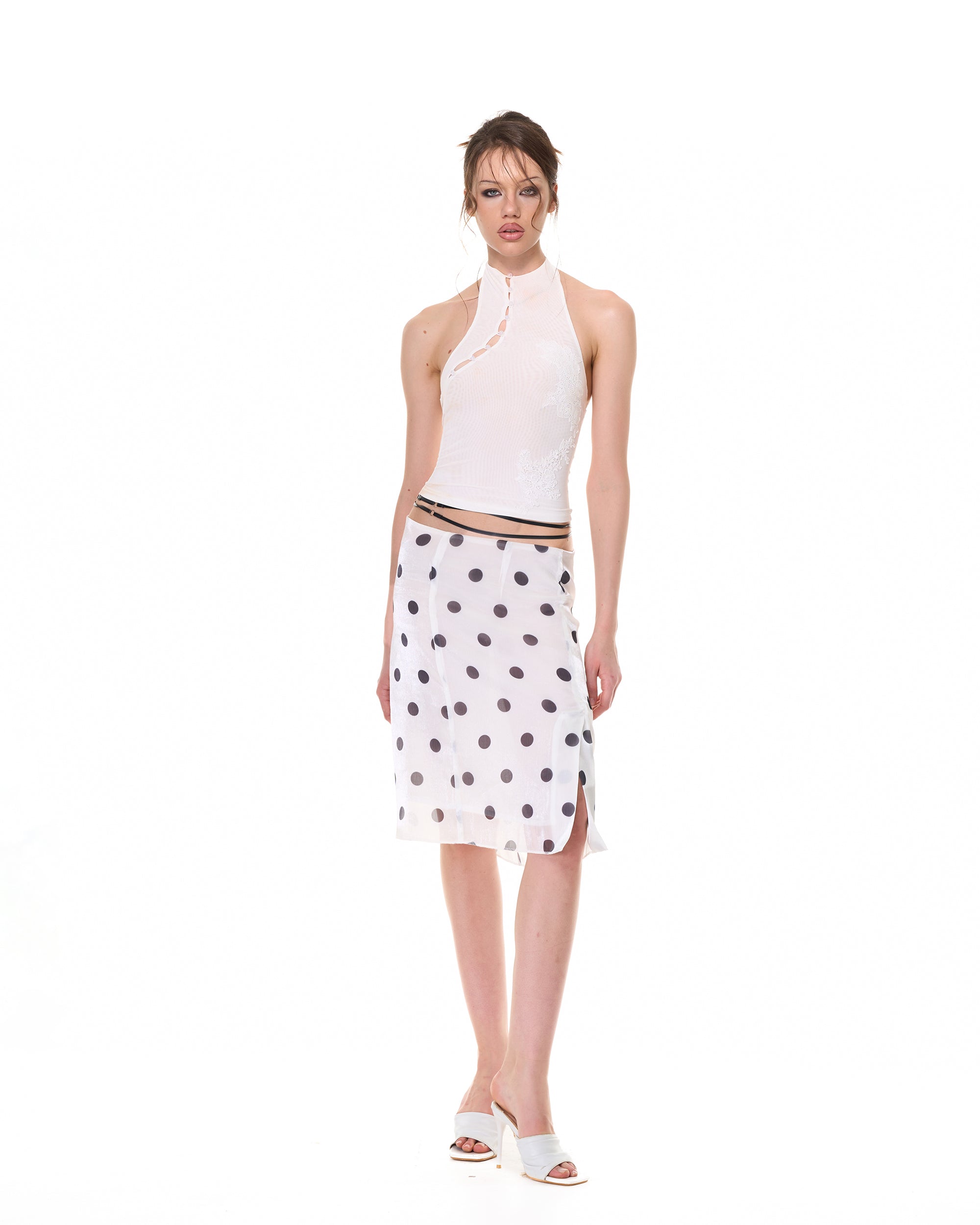 NEVER OFFEND L ANGEL Satin Shell Bandeau And Polka Dot Sheer Midi Skirt Set