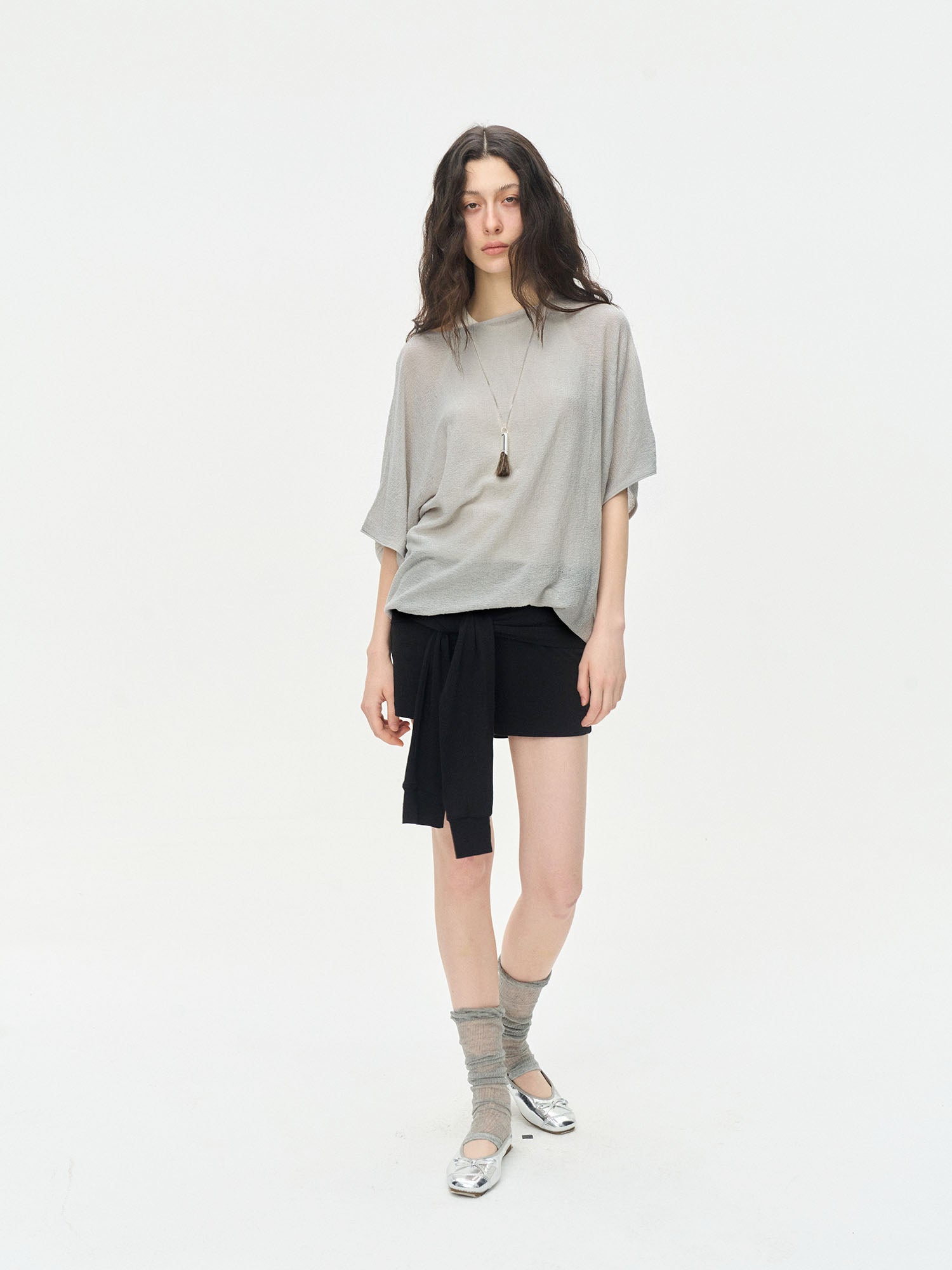 LEONSENSE Sheer Draped Batwing Knit Top