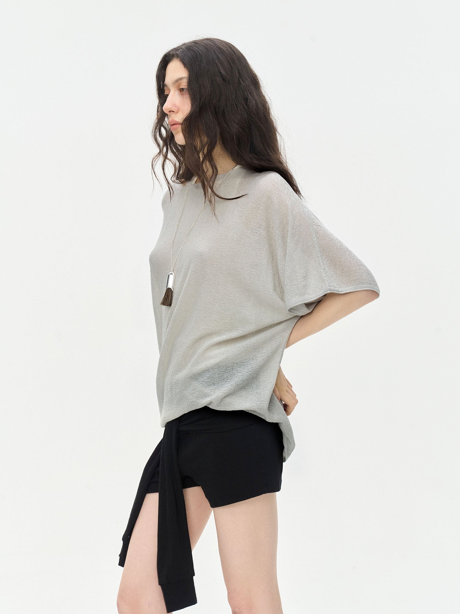 LEONSENSE Sheer Draped Batwing Knit Top