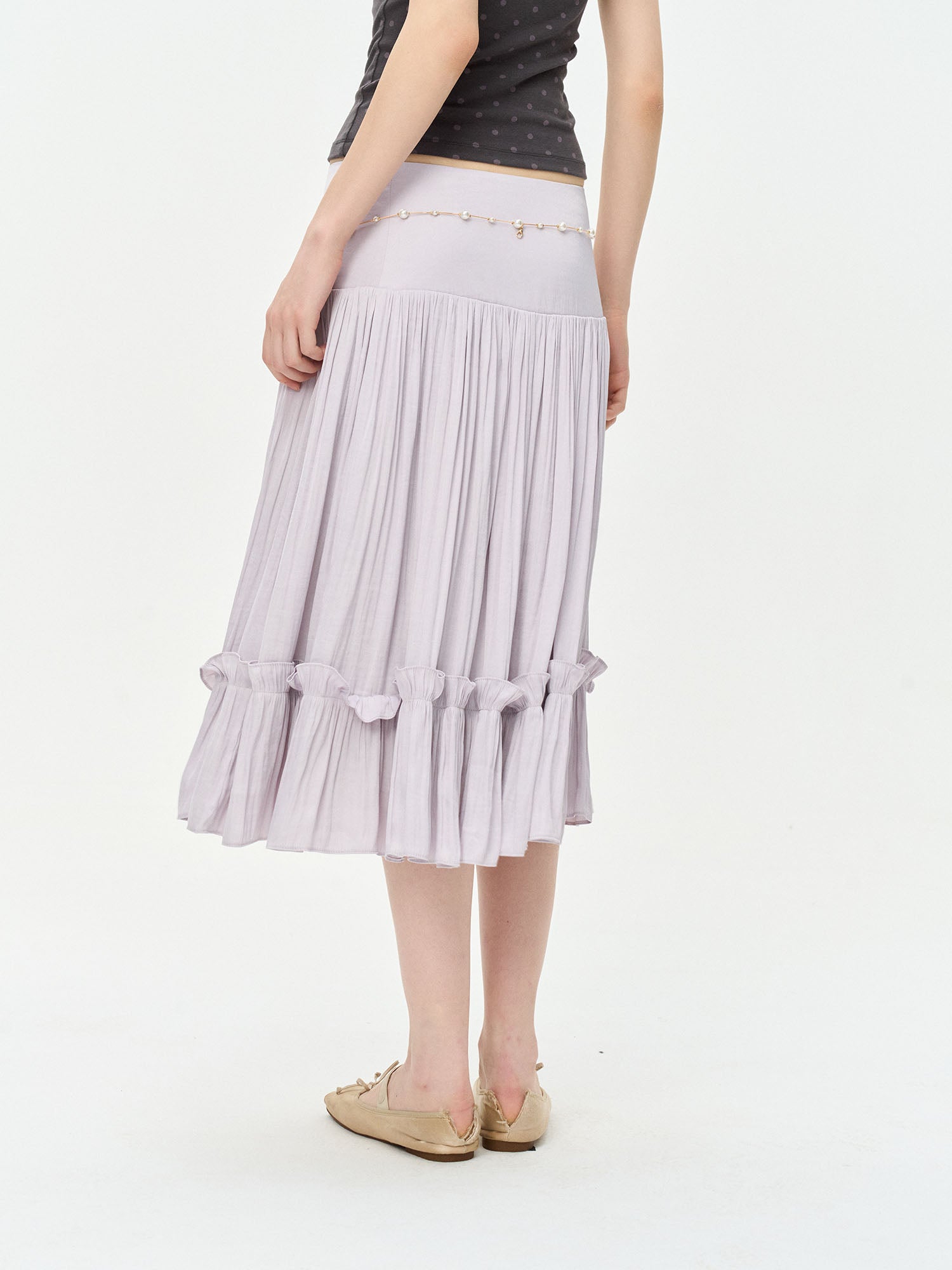LEONSENSE Ruffle-Hem Pleated Midi Skirt