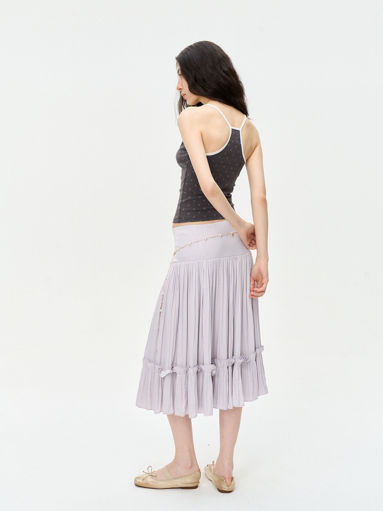 LEONSENSE Ruffle-Hem Pleated Midi Skirt