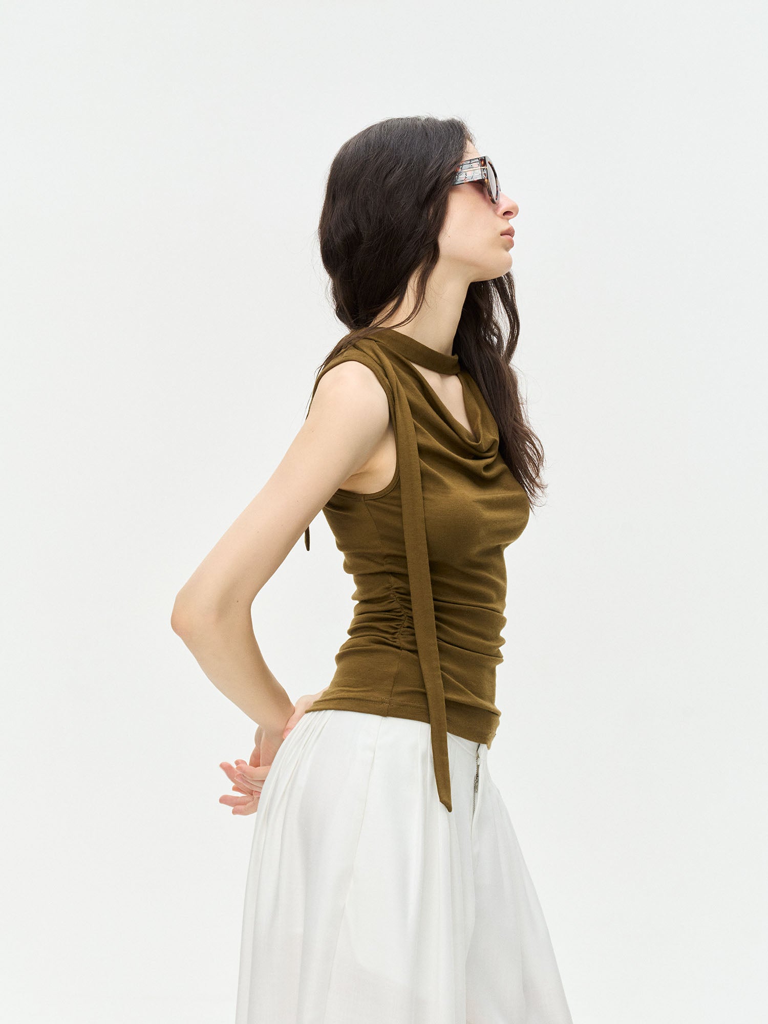 LEONSENSE Choker-Neck Draped Sleeveless Top