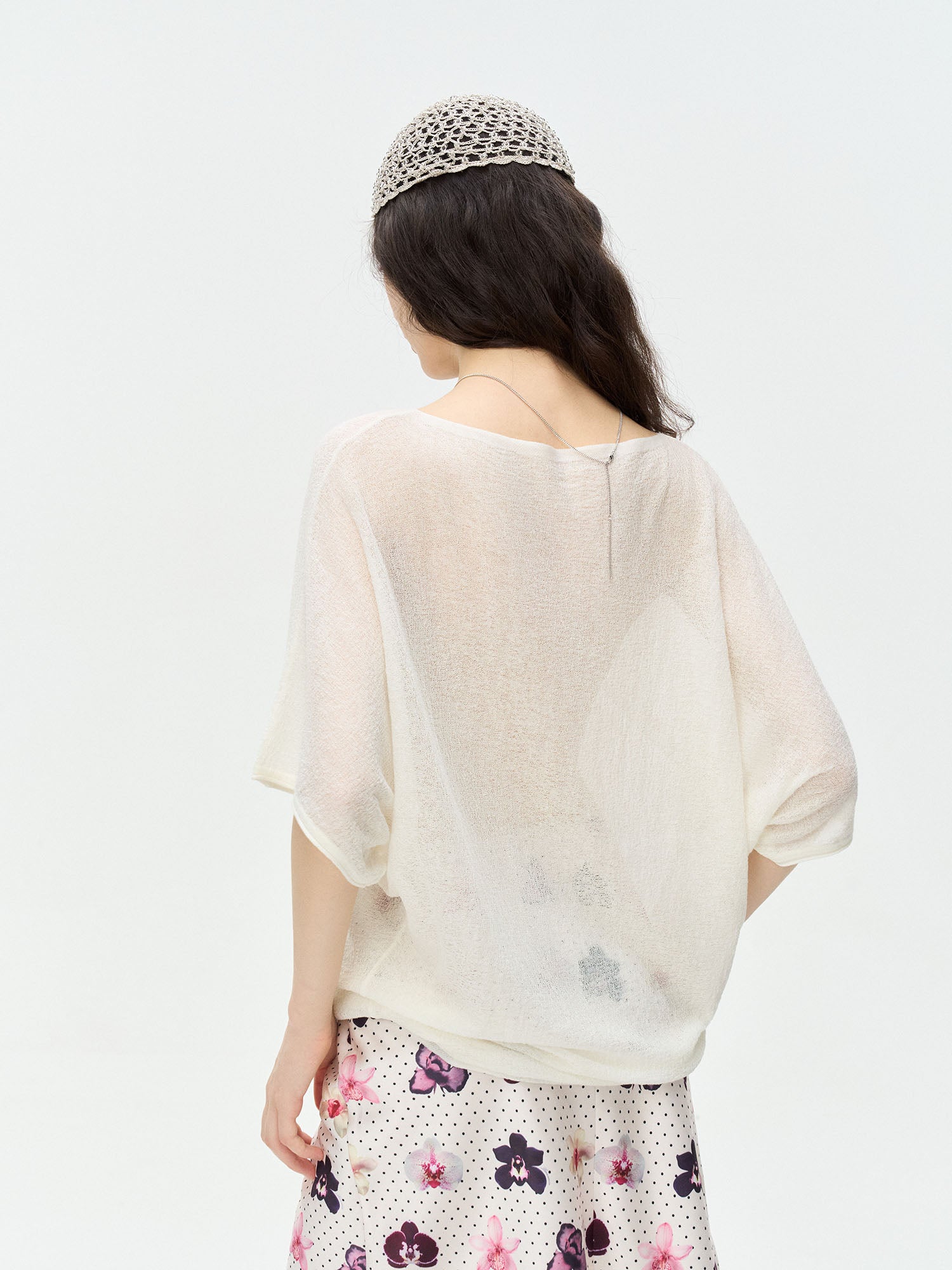 LEONSENSE Sheer Draped Batwing Knit Top